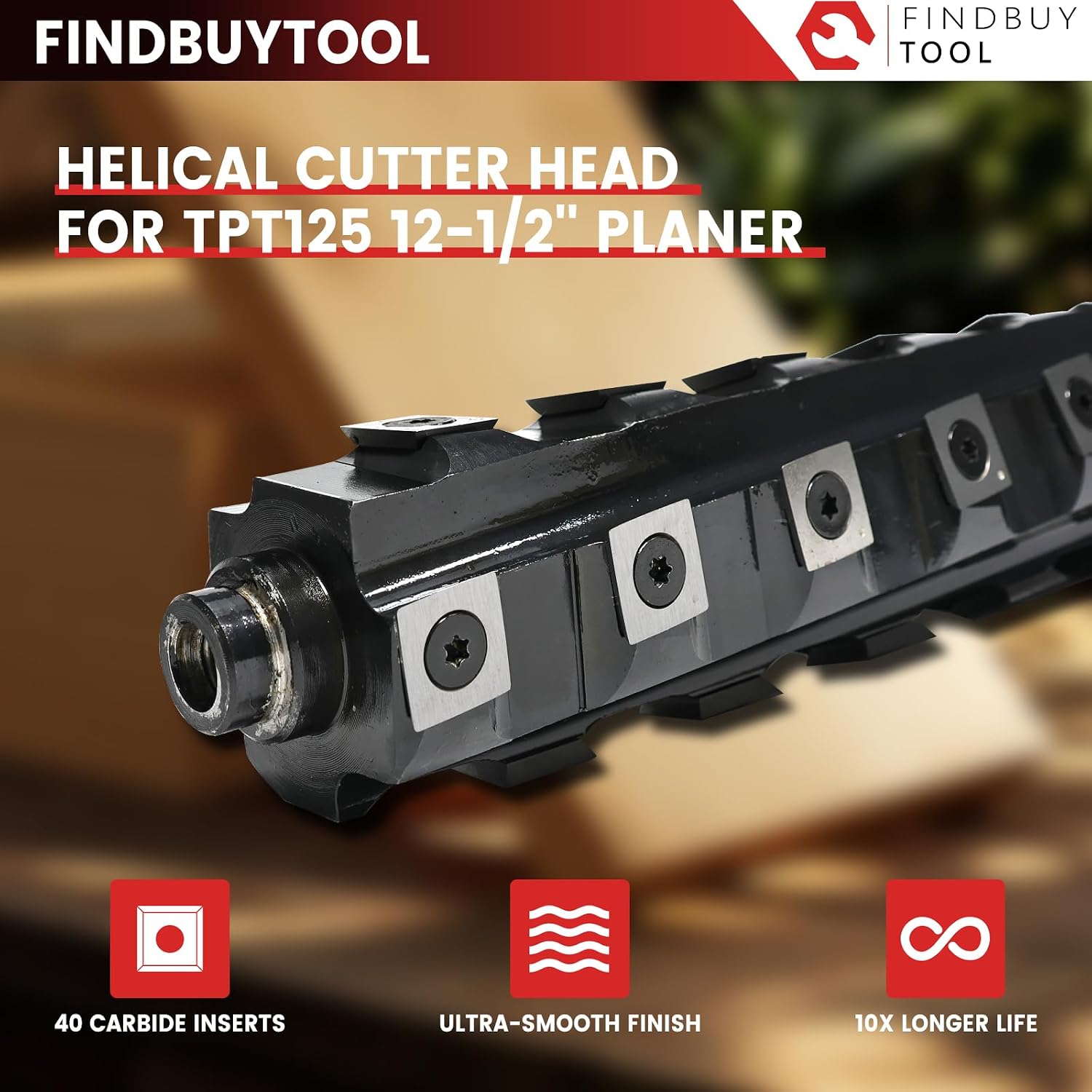 FINDBUYTOOL Helical Cutterhead for Triton TPT125 12-1/2" Thickness Planer – 40 Carbide Inserts, Low Noise, Superior Finish for Hardwood & Softwood