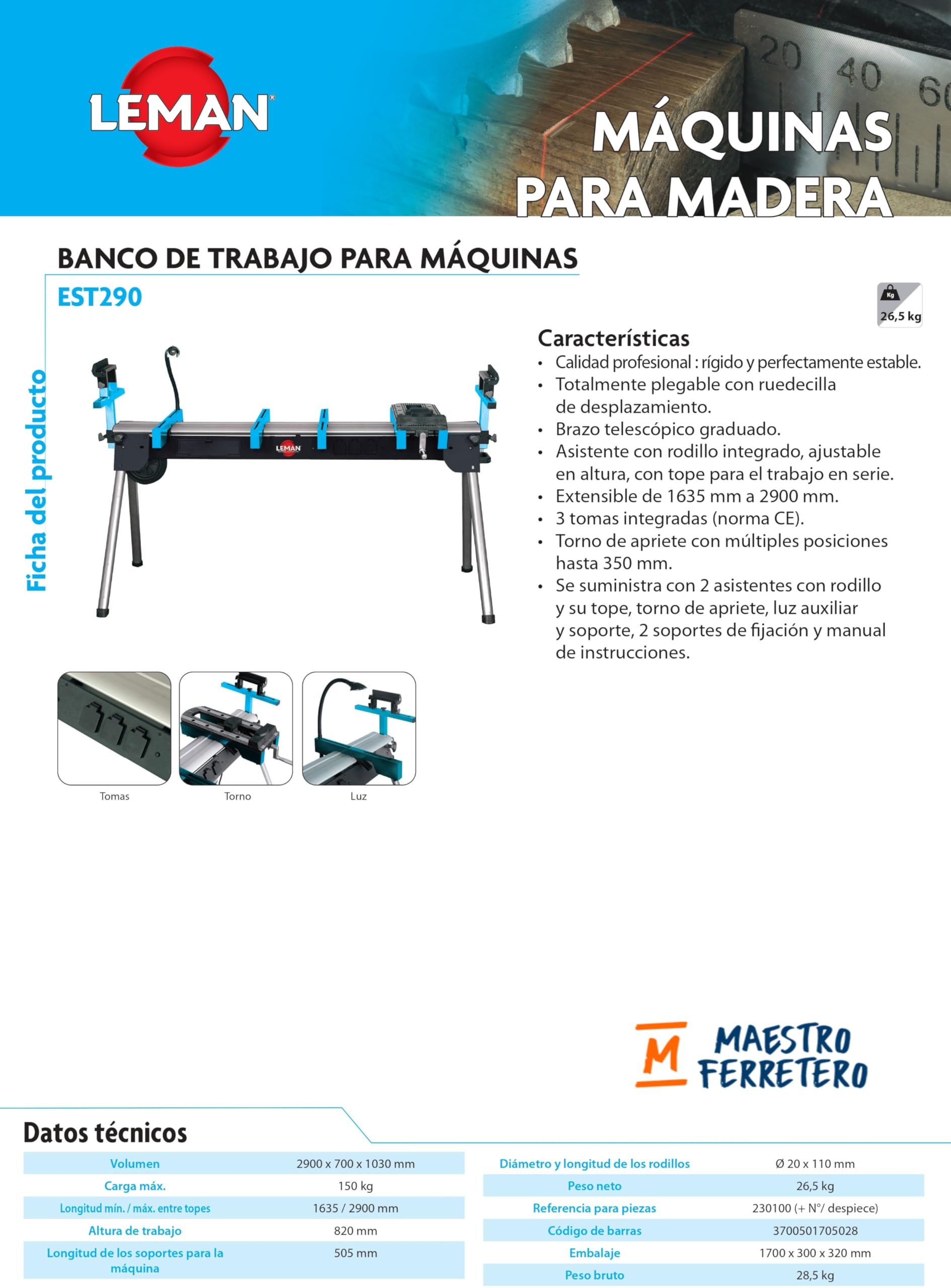 Leman - Banco da lavoro con 3 prese EST290, pieghevole, braccio telescopico, rotelle, supporti per macchine, capacità 150 kg