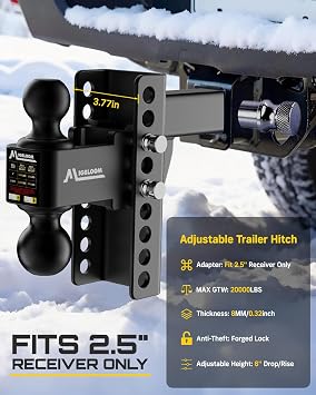 Adjutable Trailer Hitch- Fits 2.5-Inch Receivers- 6-Inch Drop/Rise, Includes 2-Inch and 2-5/16-Inch Ball Mounts, Suitable for Trucks, 20,000 LBS GTW, Double Stainless SteeLl Locks & Hitch Pin,Black
