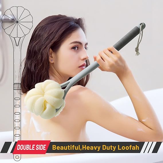 Shower Body Brush,Soft Bristles & Loofah Back Scrubber Bath Mesh Sponge | Beautiful Pumpkin Shape Loofah Long Handle Shower Brush for Skin Exfoliating,Massage Bristles for Wet,Dry,Men and Women(Grey)
