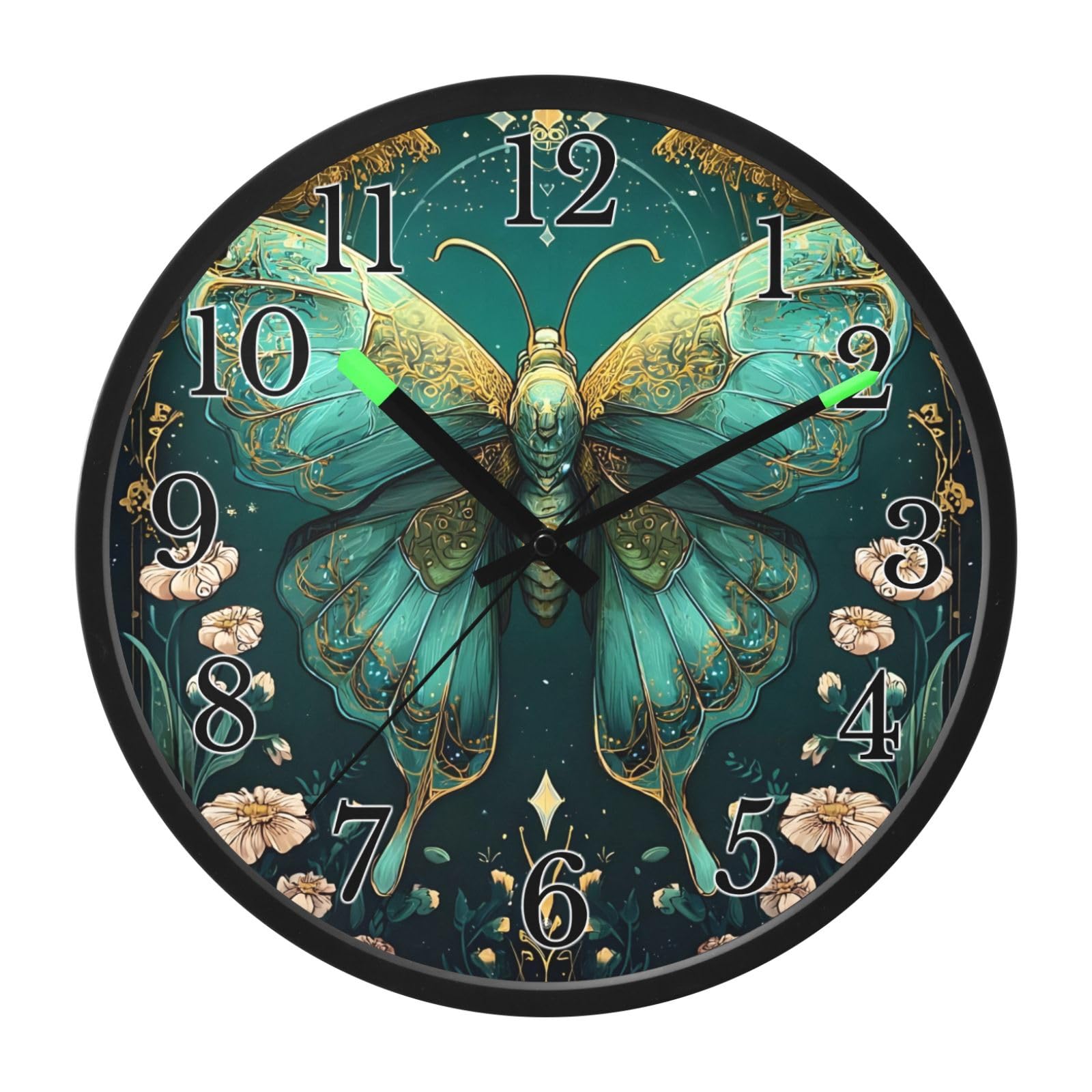 Mnsruu Reloj de pared luminoso con diseño de luna, polilla, flores, bosque verde, reloj de pared que brilla en la oscuridad, funciona con pilas, silencioso, sin tictac, luz nocturna para dormitorio