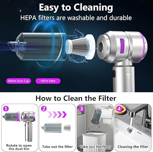 Miniatura 7 de Aspiradora de automóvil, mini aspiradora inalámbrica 4 en 1 con 3 modos de succión y succión de 23000 pa, aspiradora de mano portátil con luz LED,
