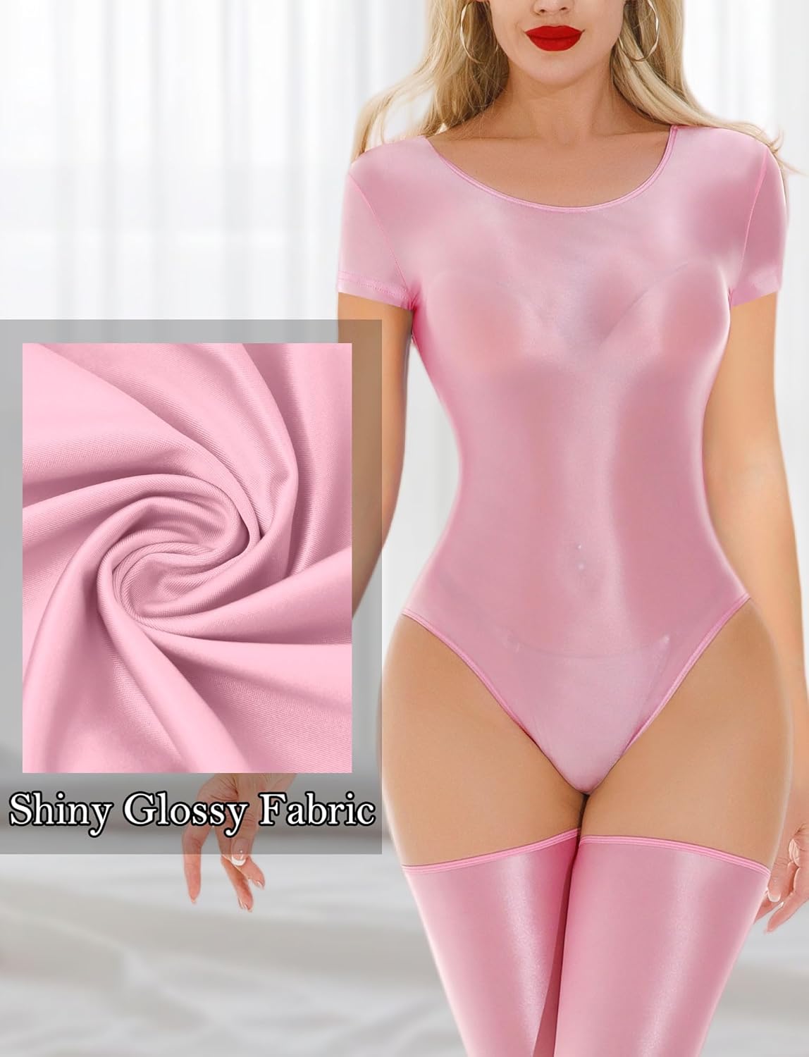 FEOYA Womens Shiny Oil Glossy Short Sleeve Jumpsuit Stretchy Metallic Bodysuit Dance Leotard - Image 4