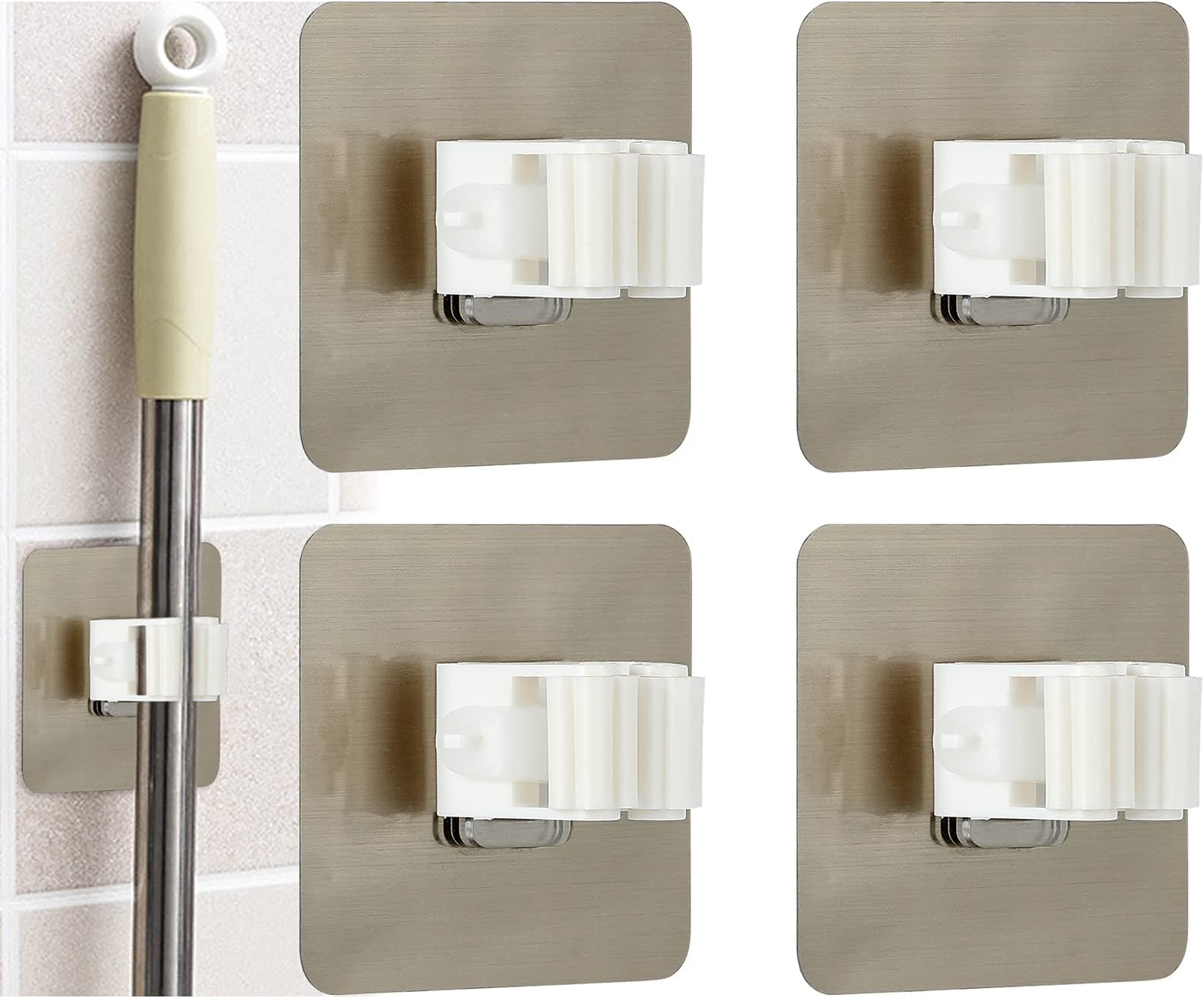 Plastic Broom Holder, Wall Mounted, Anti-Slip, 4 Pack, for Home, Kitchen, Garden, Garage Storage