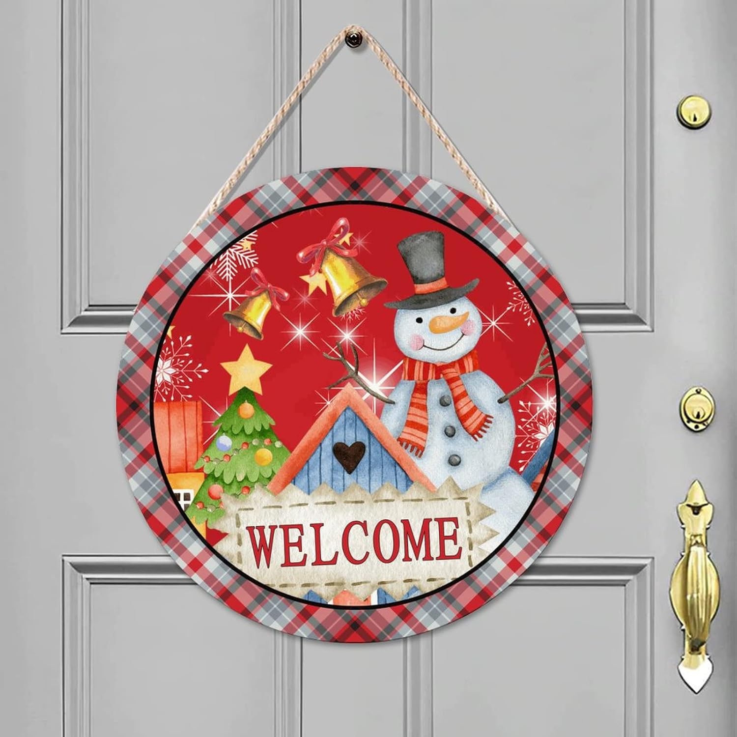 Snowman Welcome Wood Door Sign, Winter Front Door Round Welcome Wood Sign, 16x16in Merry Christmas Welcome Wall Door Hanging Sign for Outdoor Front Porch Farmhouse Front Door Decor