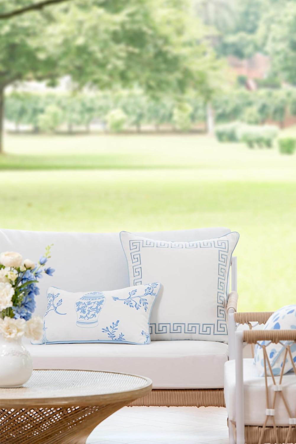 Hofdeco Premium Coastal Patio Indoor Outdoor Lumbar Pillow Cover Only, 12"x20" Water Repellent for Backyard, Couch, Baby Blue Chinoiserie with Piping
