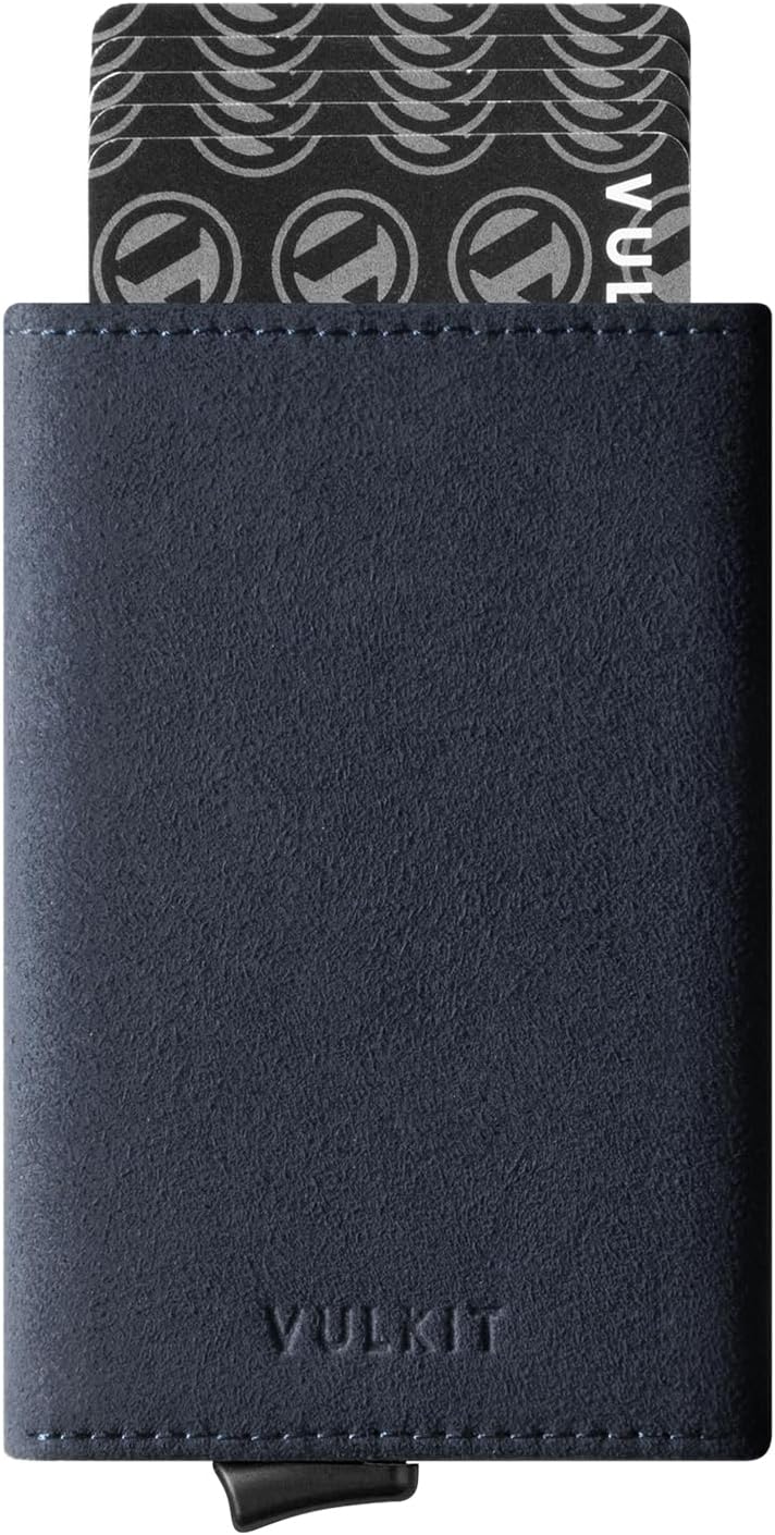 Pop up Wallet RFID Blocking Leather Credit Card Wallet with Banknote Compartment, ID Window & Coin Pocket, Alcantara Navy, S, Minimalist