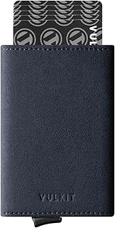 Pop up Wallet RFID Blocking Leather Credit Card Wallet with Banknote Compartment, ID Window & Coin Pocket, Alcantara Navy, S, Minimalist