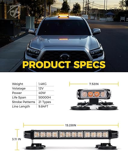 Miniatura 7 de Xprite Barra de luz LED estroboscópica intermitente en el techo, luces de advertencia de peligro de doble cara con soporte magnético para vehículos