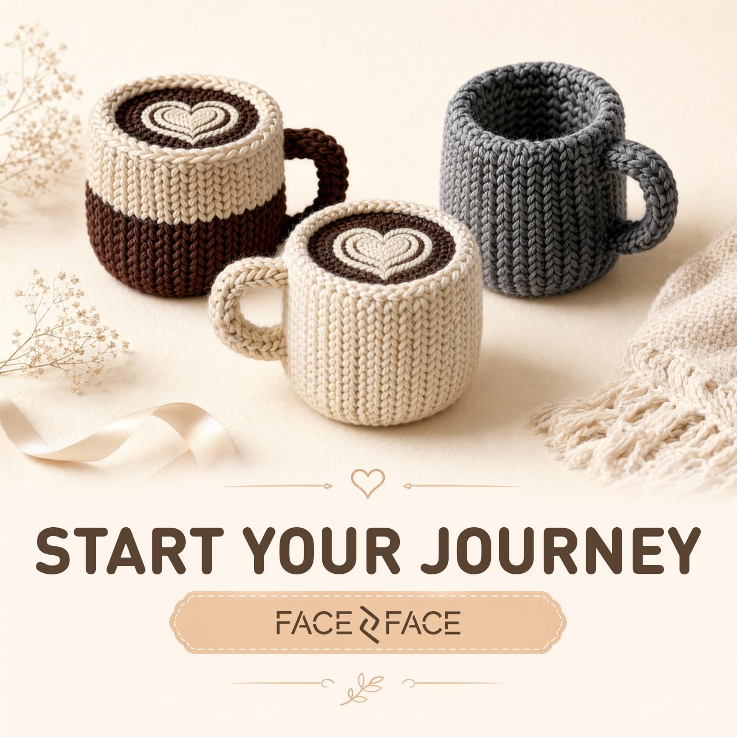 DIY Crochet Coffee Mug Kit for Beginners – Handmade Two-Tone Yarn Latte Cup Craft Set in White and Brown with Yarn, Fiberfill & Instructions – Easy Beginner Crochet Home Decor Gift for Adults