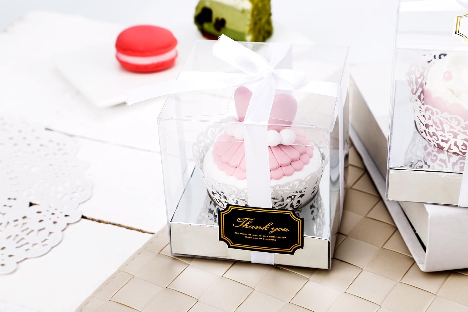 Blасk Frіdау - 50% оƒƒ Clear Plastic Cupcake Box With Gift Ribbon Lovely Stickers and Silver Inserts Wedding Party Favor Boxes 3.5 Inch -12 Sets
