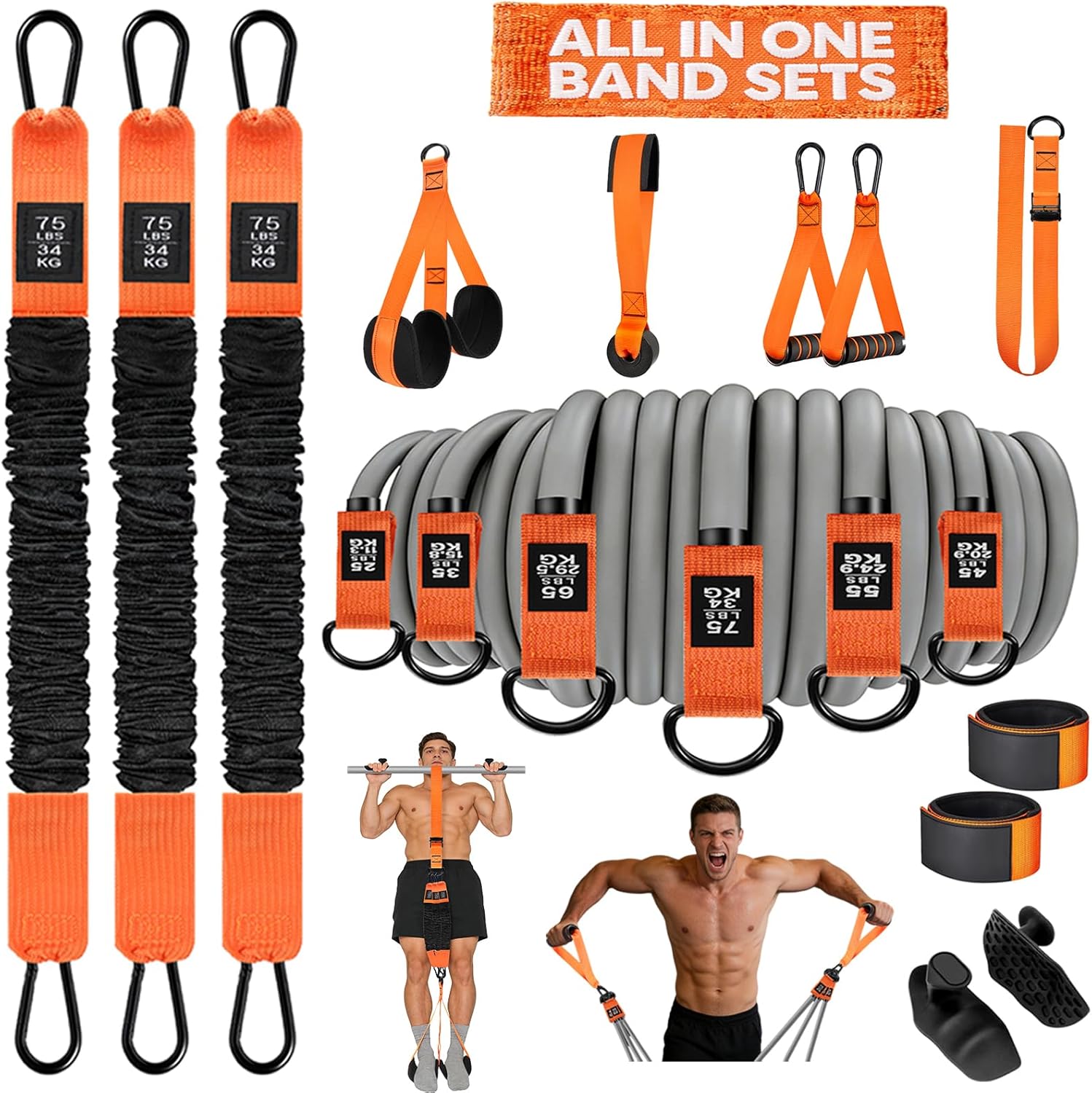 2 in 1 18PCS Heavy Resistance Bands & Assisted Pull Up Bands Combo – 300LBS/225LBS with Non-Slip Handles, Ankle Straps, Door Anchor, Adjustable Bands & Foot Pedals for Strength Training