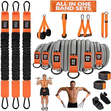 2 in 1 18PCS Heavy Resistance Bands & Assisted Pull Up Bands Combo 300LBS/225LBS with Non-Slip Handles, Ankle Straps, Door Anchor, Adjustable Bands & Foot Pedals for Strength Training