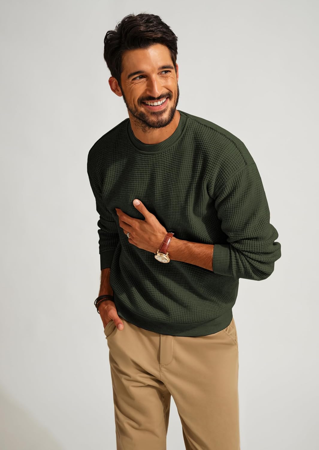 PJ PAUL JONES Mens Sweater Crewneck Knit Sweaters Casual Waffle Pullover Sweater for Men - Image 2