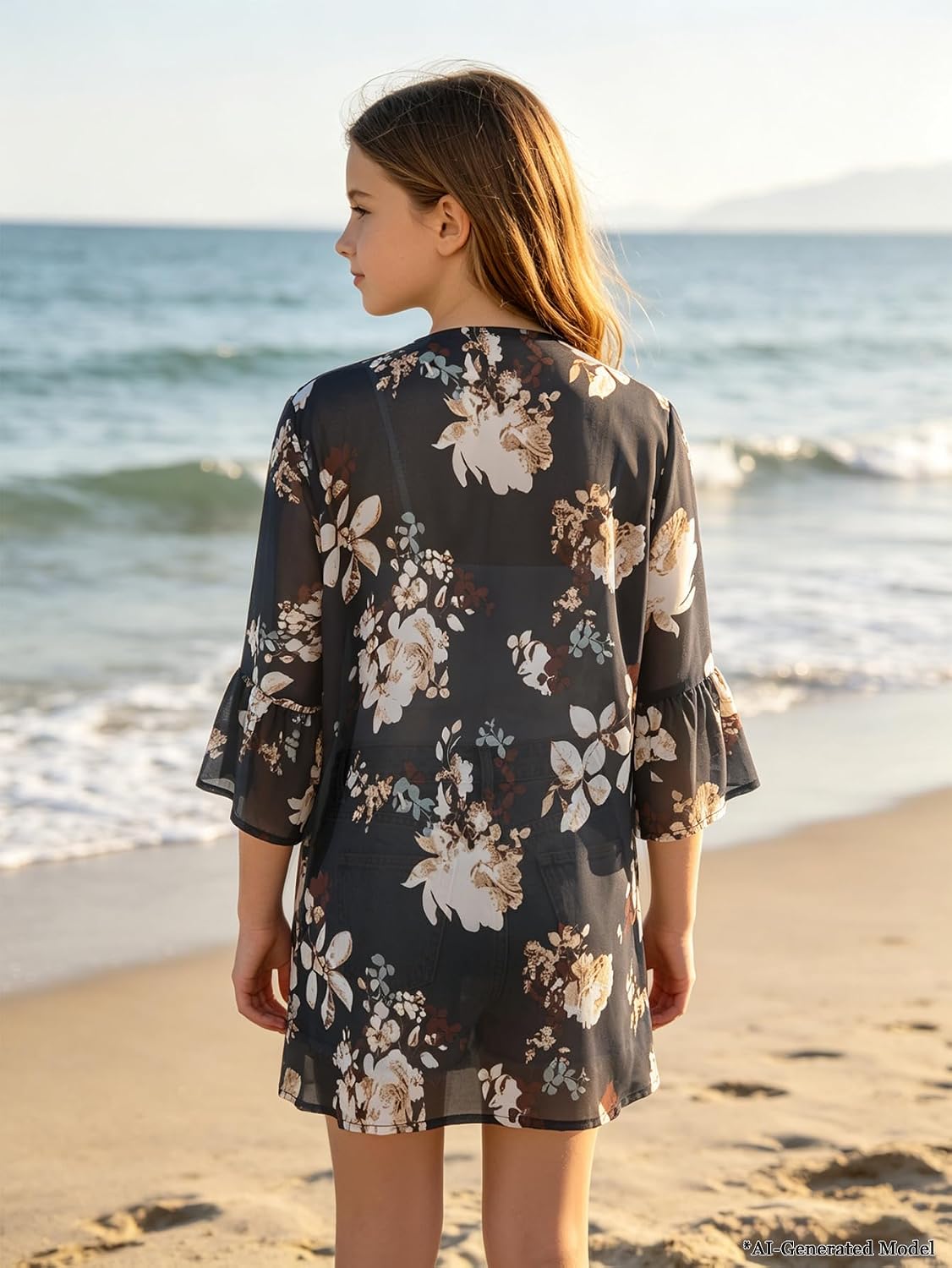 GORLYA Girls Floral Chiffon Kimono Beach Cover Up 4-14Y | Sheer floral chiffon, ruffle sleeves, open-front kimono style, ideal for beach, pool, vacation, and casual summer outings.