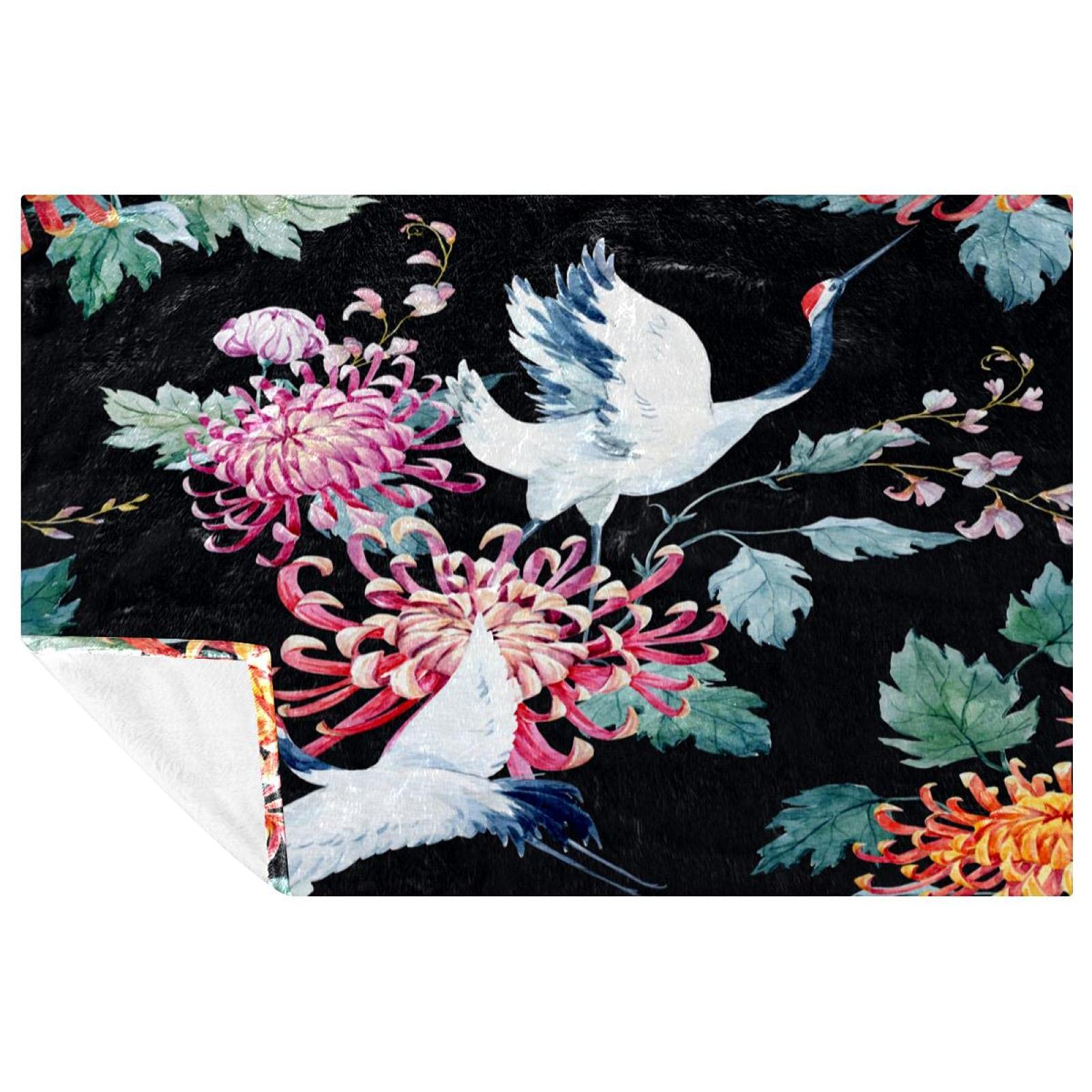 Couverture chrysanthème grue 150x100cm anti-frissons idéale pour canapé lit et nuits de camping