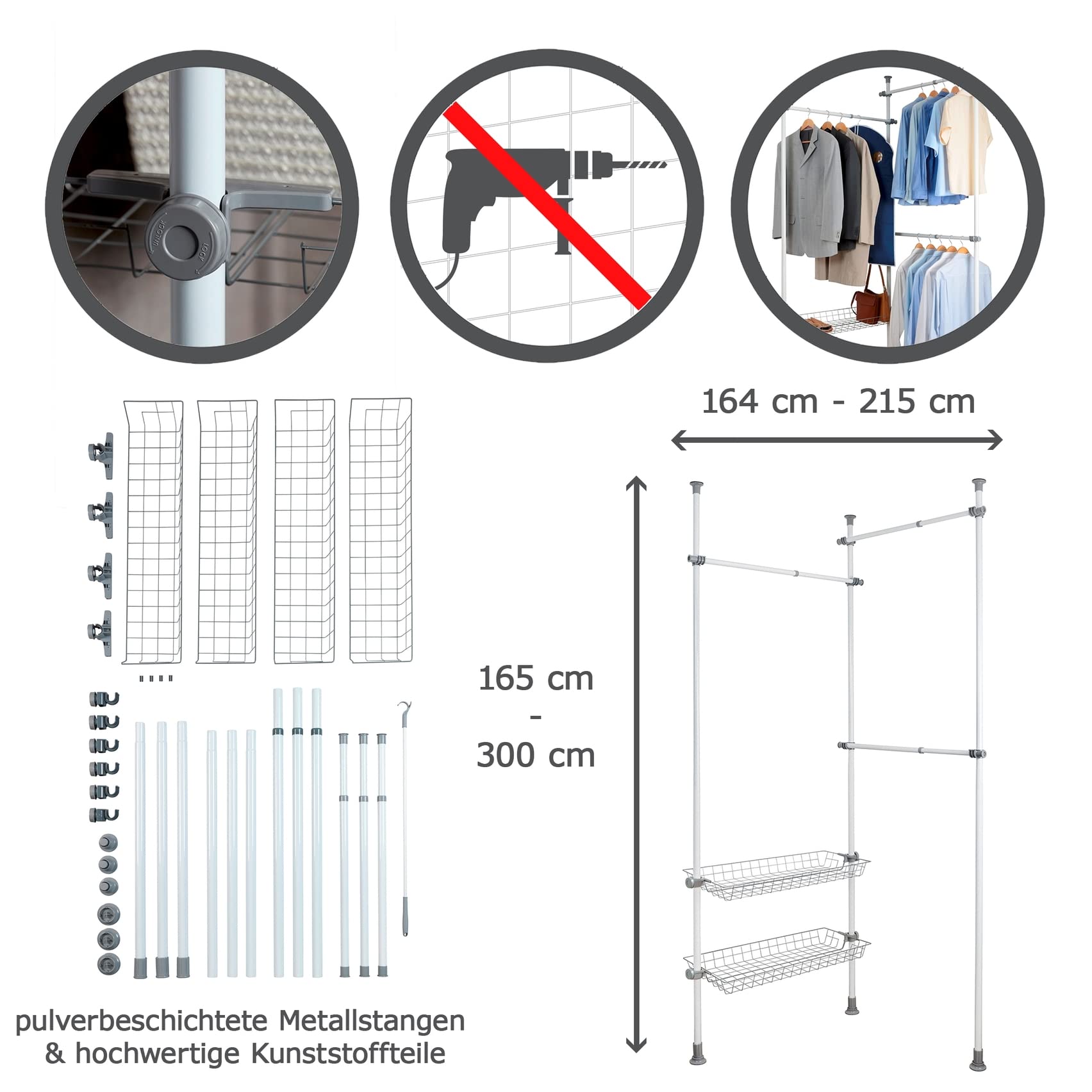WENKO Sistema armadio telescopico Herkules Duo - Sistema regolabile di organizzazione, sistema per guardaroba, Acciaio, 164-215 x 165-300 x 38 cm, Bianco