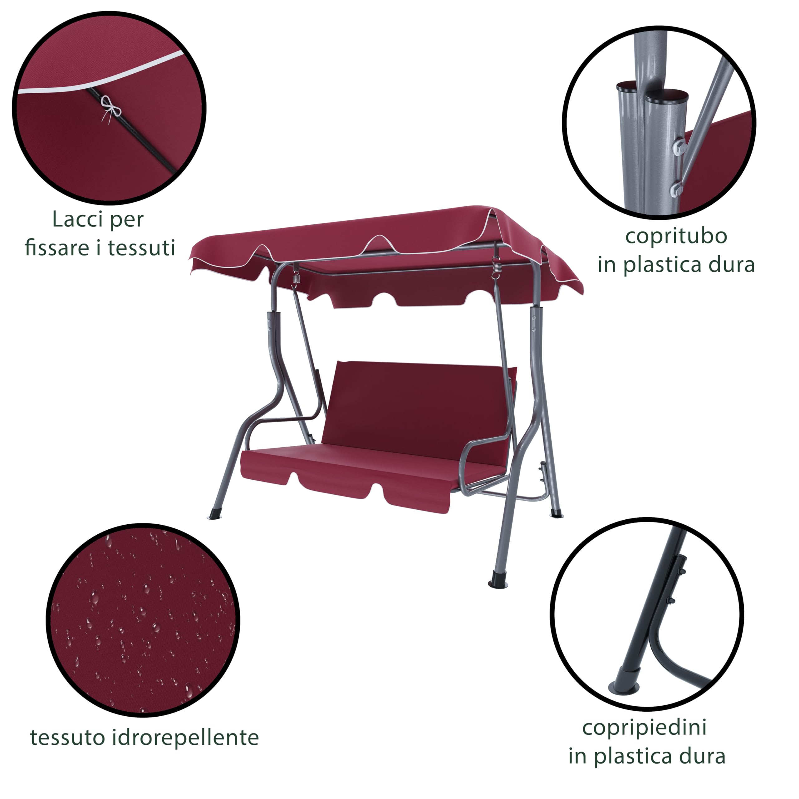 Arreditaly Dondolo 3 Posti Con Tettuccio Parasole Regolabile Cuscini Imbottiti Struttura Robusta In Acciaio Verniciato Da Esterno Giardino Balcone Terrazzo Piscina 170 x 110 x 153 Cm (Rosso Bordeaux)