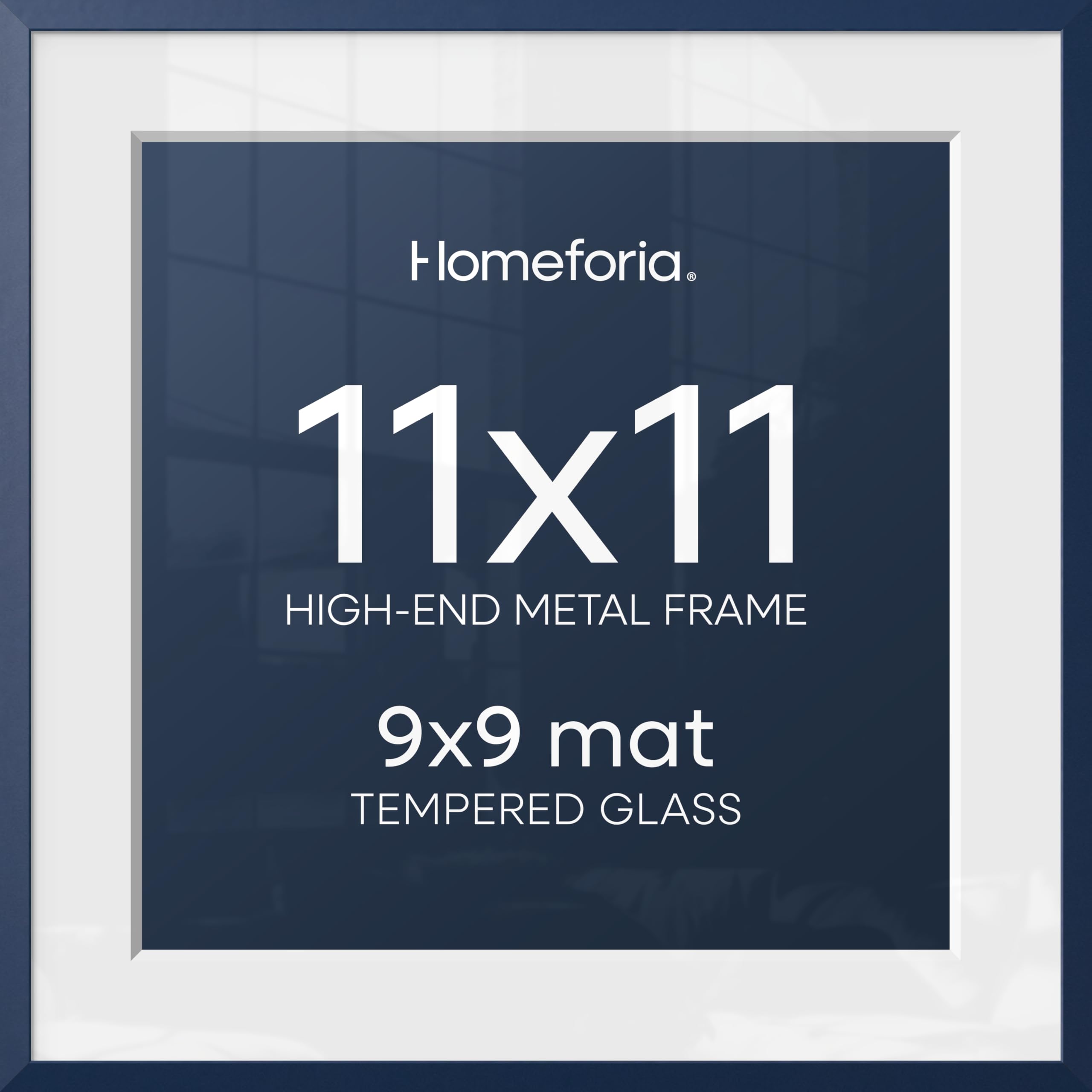 Homeforia 11x11 Blue Picture Frame, High-End Metal, 9x9 Mat, Glass | High End Aluminum, Tempered Glass, Acid-Free 9x9 Removable Mat, 11x11 in Edge-to-Edge Display 11x11, Wall Kit, Set Of 2