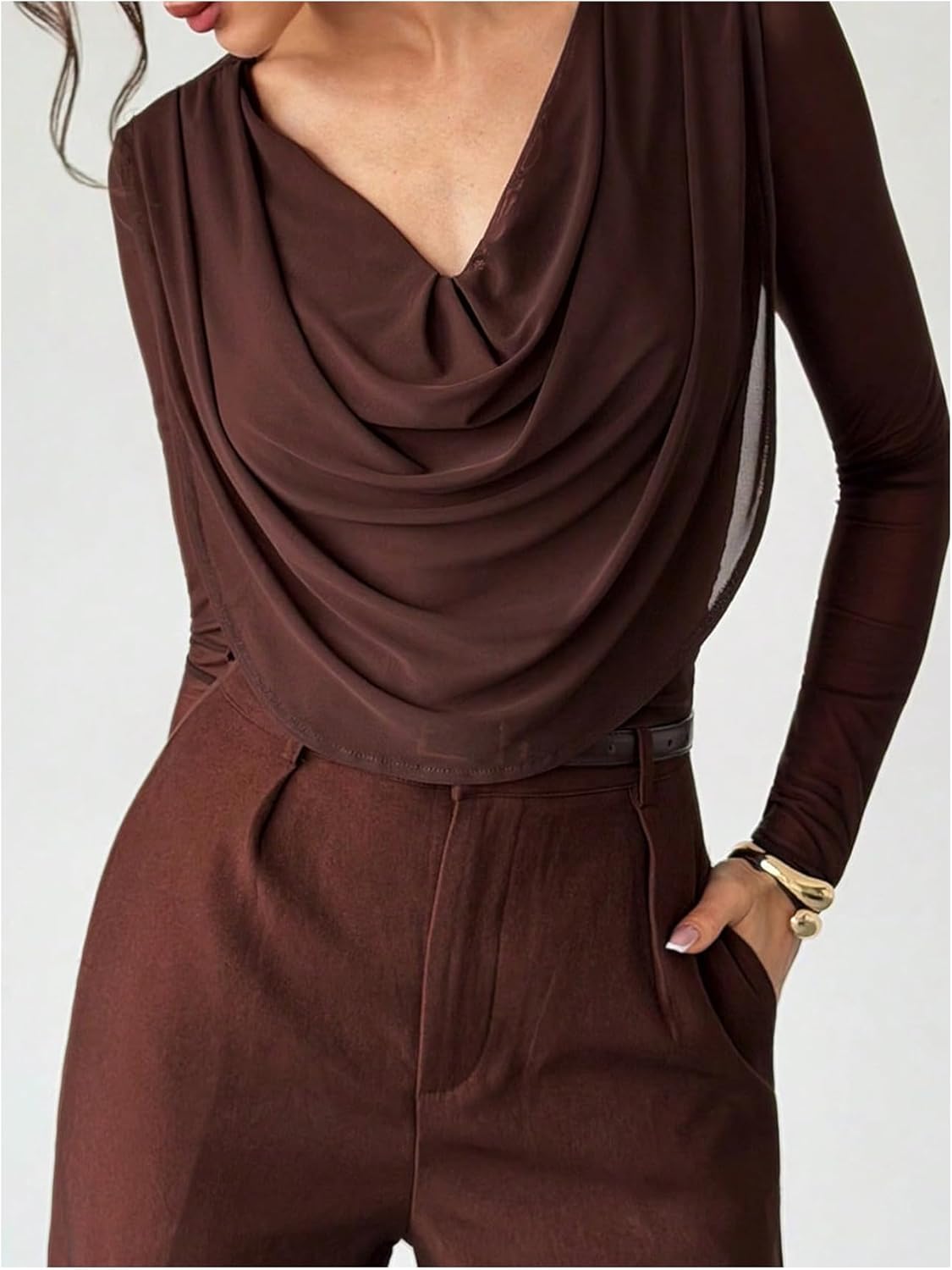 Verdusa Women's Western Draped Front Long Sleeve Shirts Dressy Casual Sheer Mesh Fitted Tops - Image 6