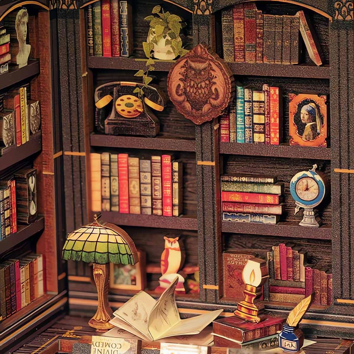 Hands Craft DIY Miniature Kit Book Nook - Owl Bookstore | Enchanting Nocturnal Library | Whimsical Design, Vintage Charm | Cozy Bookshelf Decor | Wonderful Gift for Book & Owl Lovers