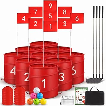 Golf Bucket Yard Game with 4 Clubs for Adults and Family, 9 Hole Golf Course, Balls and Flag - Adult Golf Outdoor Lawn Games and Chipping Games for Backyard Beach Park Camping and Hotel