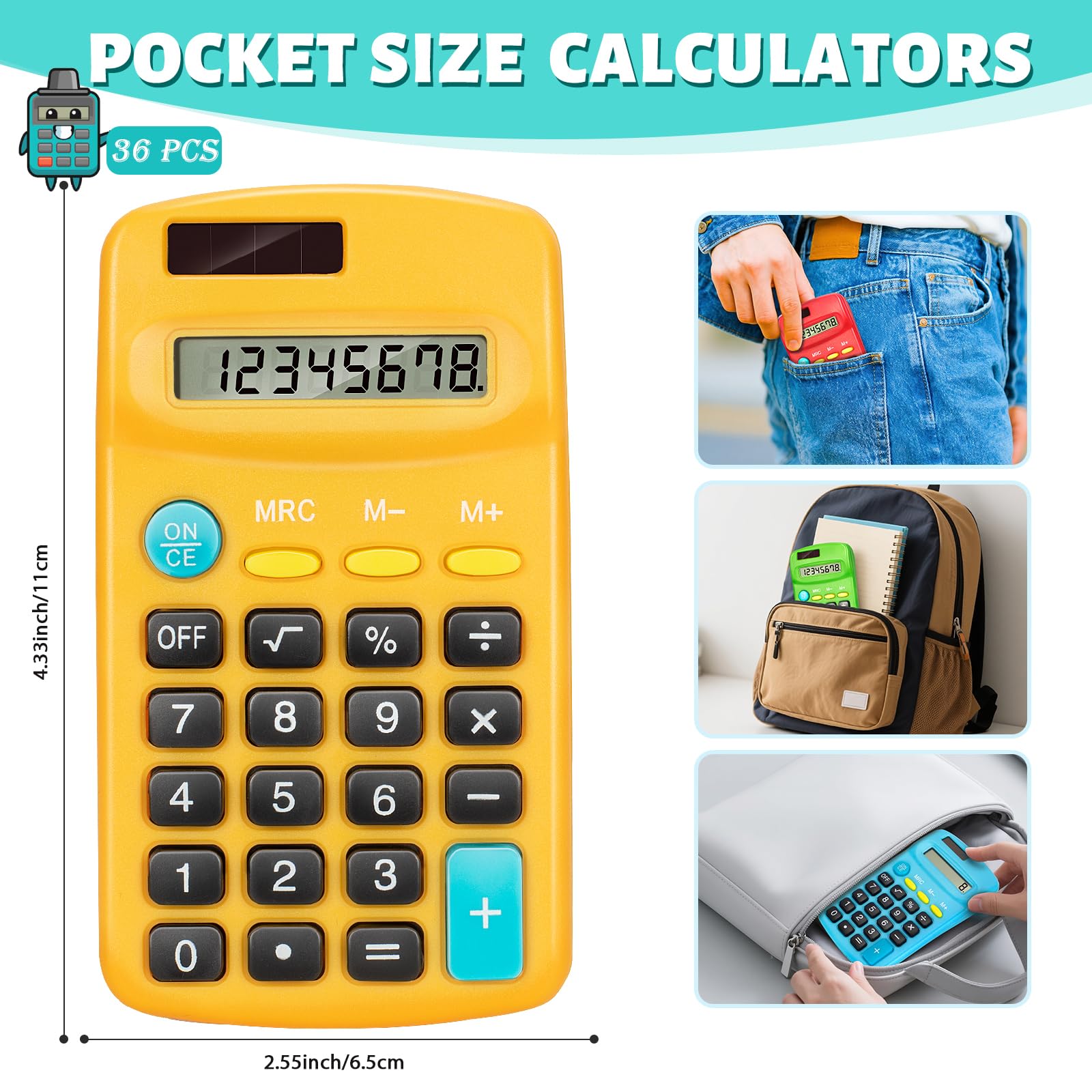 Taschenrechner, Taschenformat, Mini mit 8-stelligem Display, Solar-/Batterie-Dual-Power, Großpackung für Studenten, Klassenzimmer, Junior High, Schule, Zuhause und Büro, 6 Farben, 36 Stück