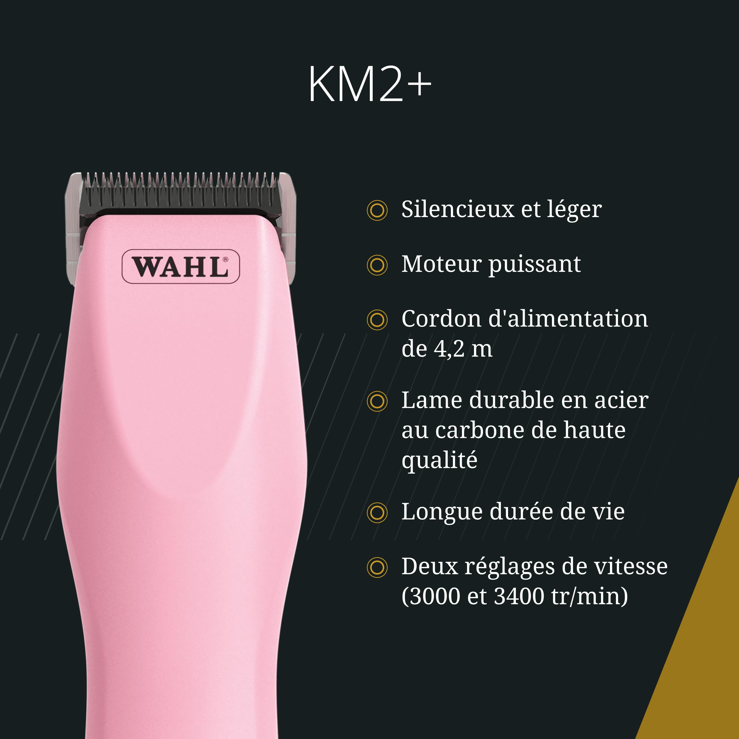 Wahl KM2+, Tondeuse Filaire pour Animaux, Légère, Rose | Tondeuse Filaire pour Animaux, Lame Prime #10 en Acier Trempé, 2 Vitesses 3000 et 3400 tr/min, Câble 4,2 m, Silencieuse