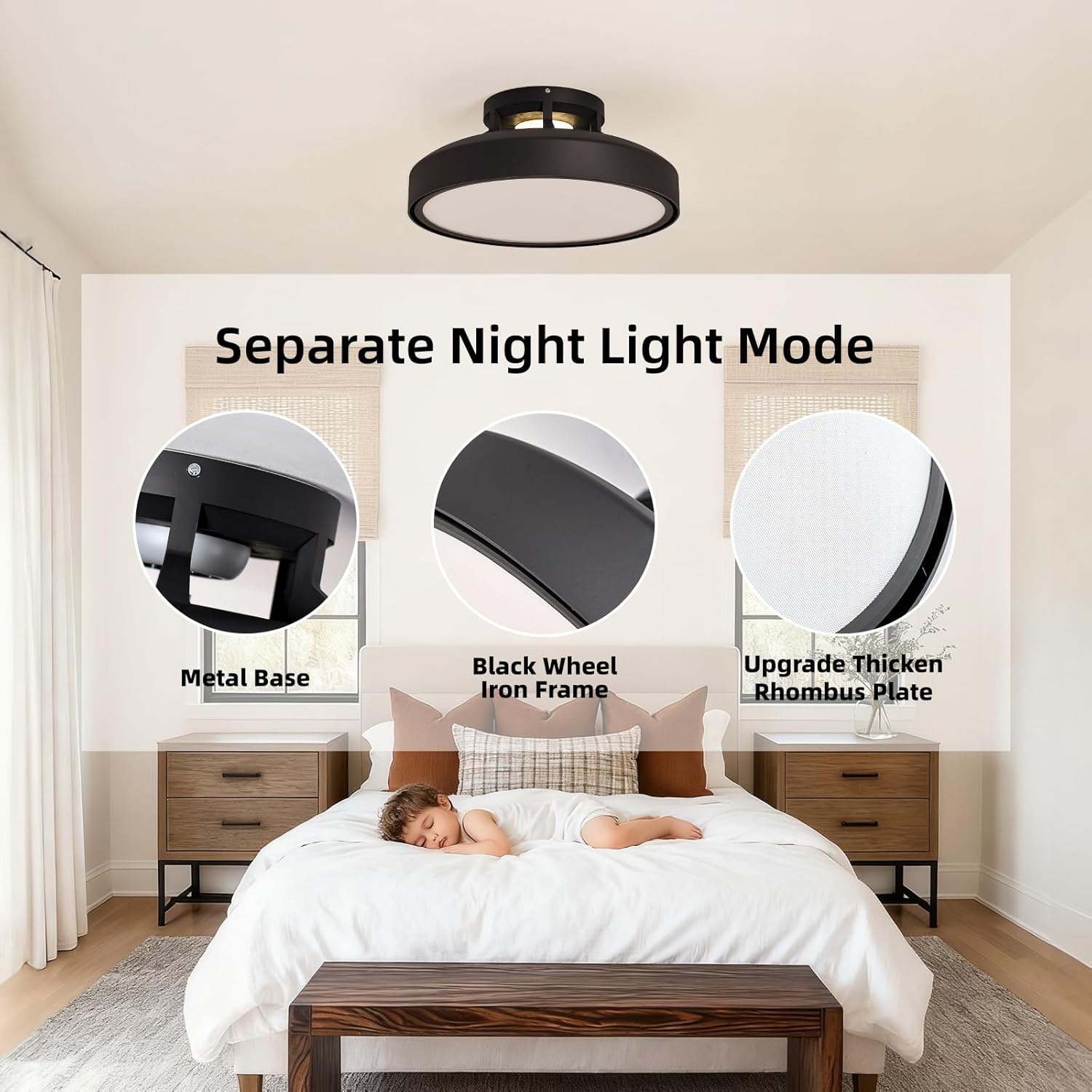 Modern Bladeless Ceiling Fans with Lights and Remote, 18.9" Black Embedded Ceiling Fan Light, Flush Mount Dimmable LED Chanelier Fan for Bedroom Farmhouse