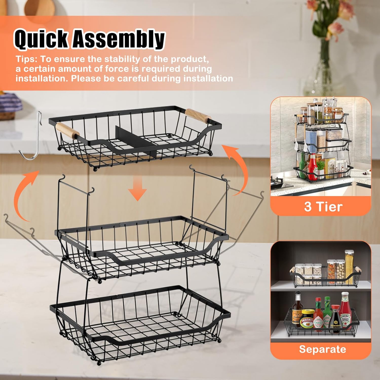 3 Tier Fruit Vegetable Basket for Kitchen, Storage Cart, Vegetable Basket Bins, Countertop Metal Wire Organizer with 2 Detachable Banana Hangers & Bowl - Fruit Basket for Snacks, Bread