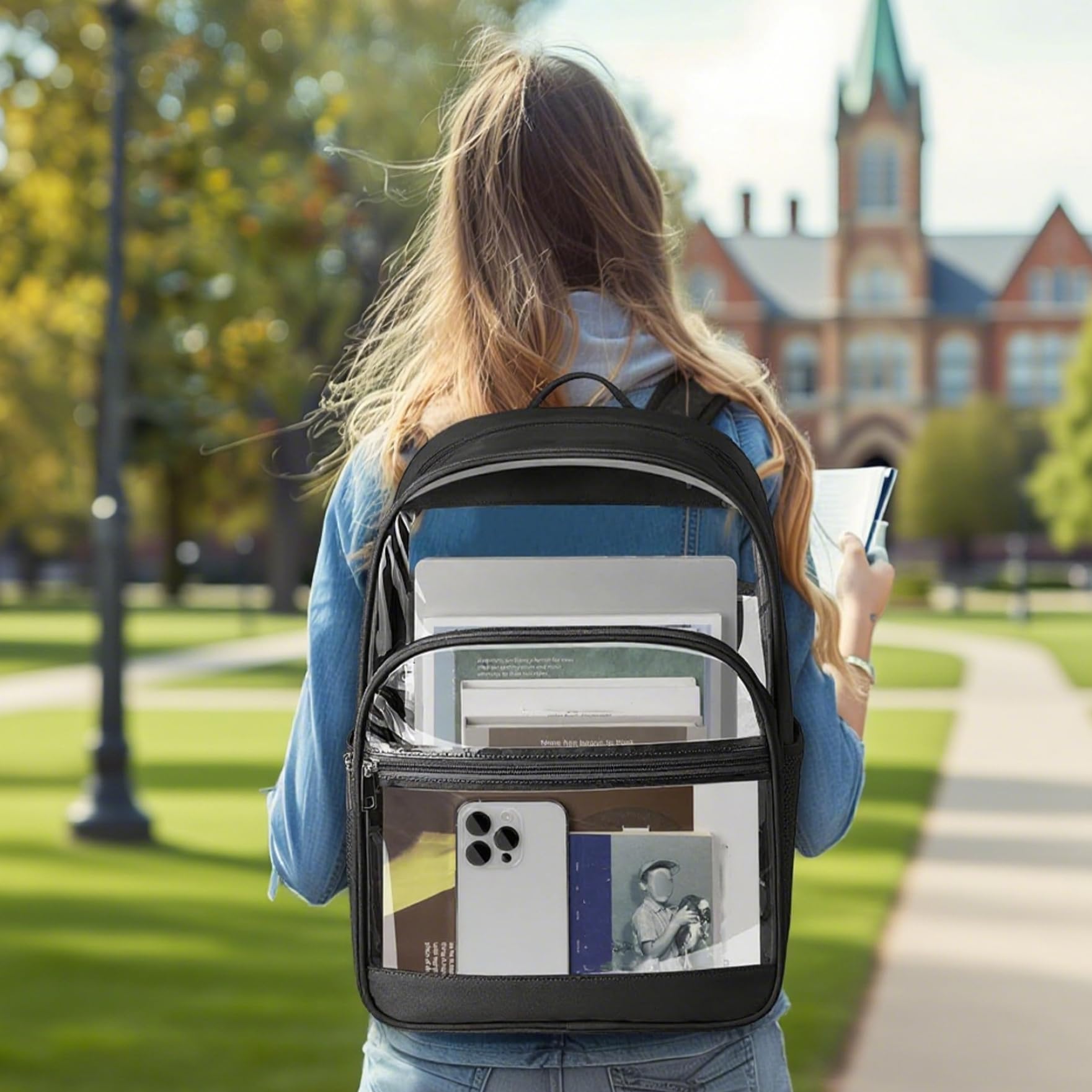 Zaino trasparente Zaino trasparente impermeabile Borsa per libri di capacità con multitasche per eventi allo stadio Lavoro universitario,