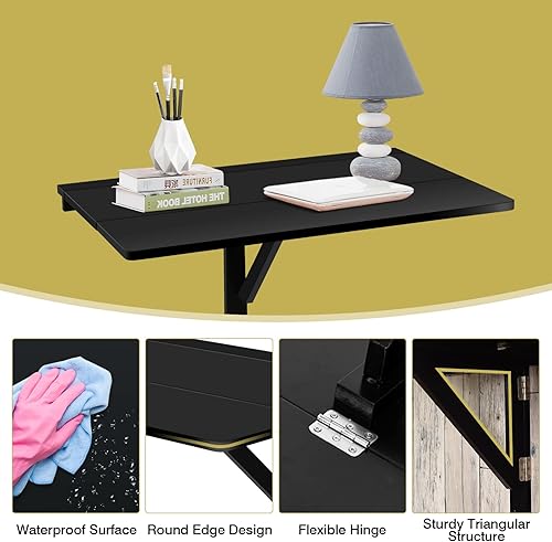 Miniatura 4 de MEDIMALL Escritorio plegable montado en la pared, mesa de trabajo de hojas caídas con tablero grueso y soporte de madera maciza, escritorio colgante