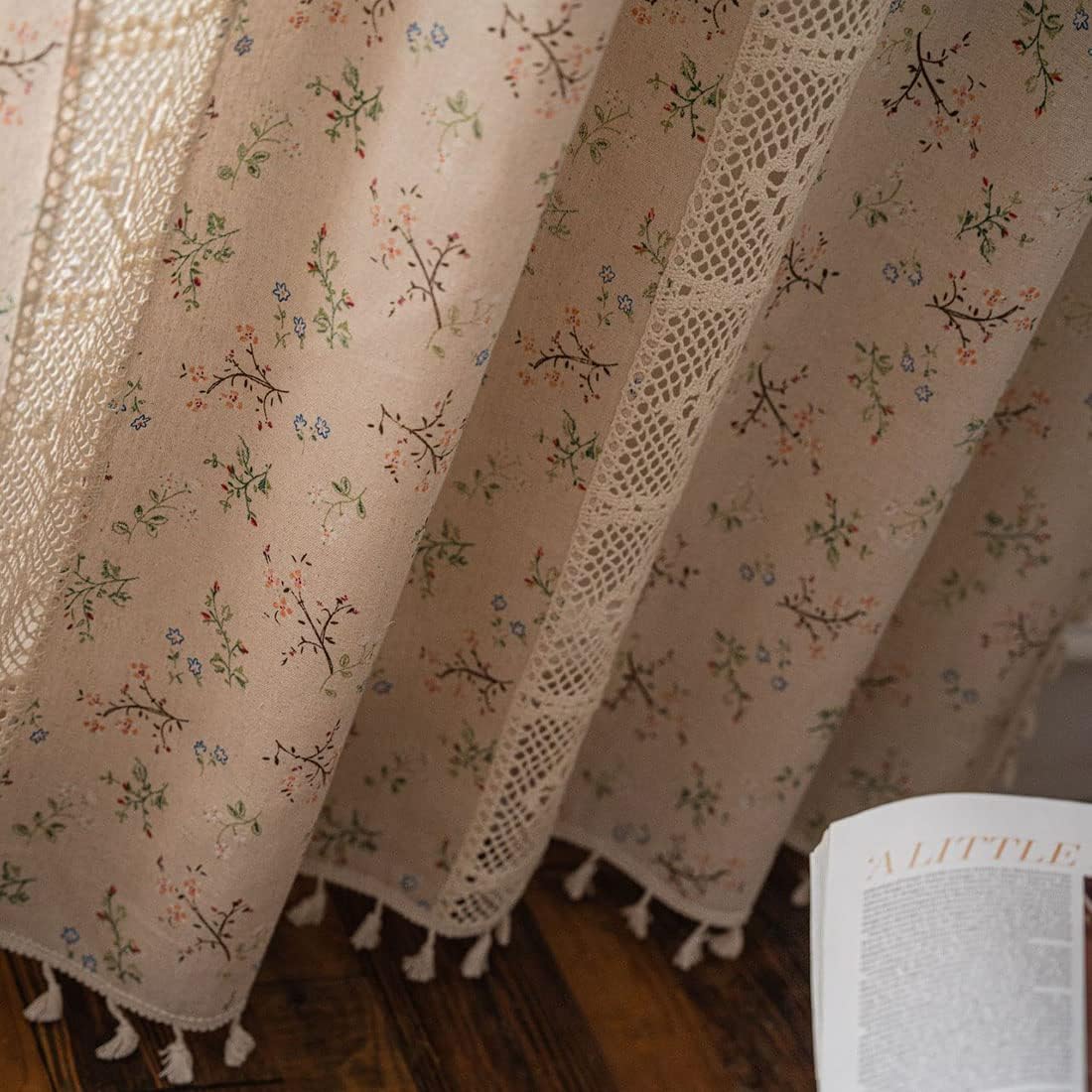 vctops Farmhouse Crochet Lace Patchwork Window Curtain Panel with Tassels Cotton Linen Rod Pocket Semi Sheer Hollow Curtains for Bedroom Living Room, 1 Piece (Pattern G,59"x79")
