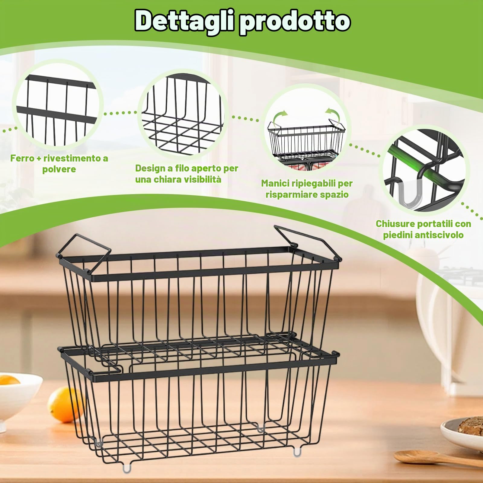 4 Cesti Congelatore con Manici, Contenitori Organizer Congelatore Pozzetto Filo Metallico Impilabile, Cesto Metallo Freezer Cestini Portaoggetti Frigorifero per Facile Accesso Agli Alimenti Surgelati