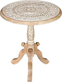 The Wooden Town Round End Table, 18x21 Inch, White Wash, Handcrafted Engraved Carved Side Table with Pedestal Base, Solid Mango Wood