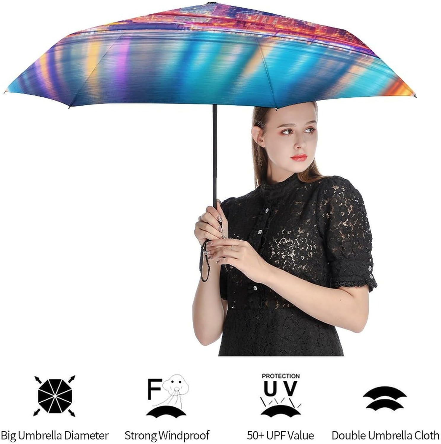 New York City Night Skyline Travel 3 Fold Automatic Umbrella Lightweight Compact Manual Umbrellas for Rain Sun
