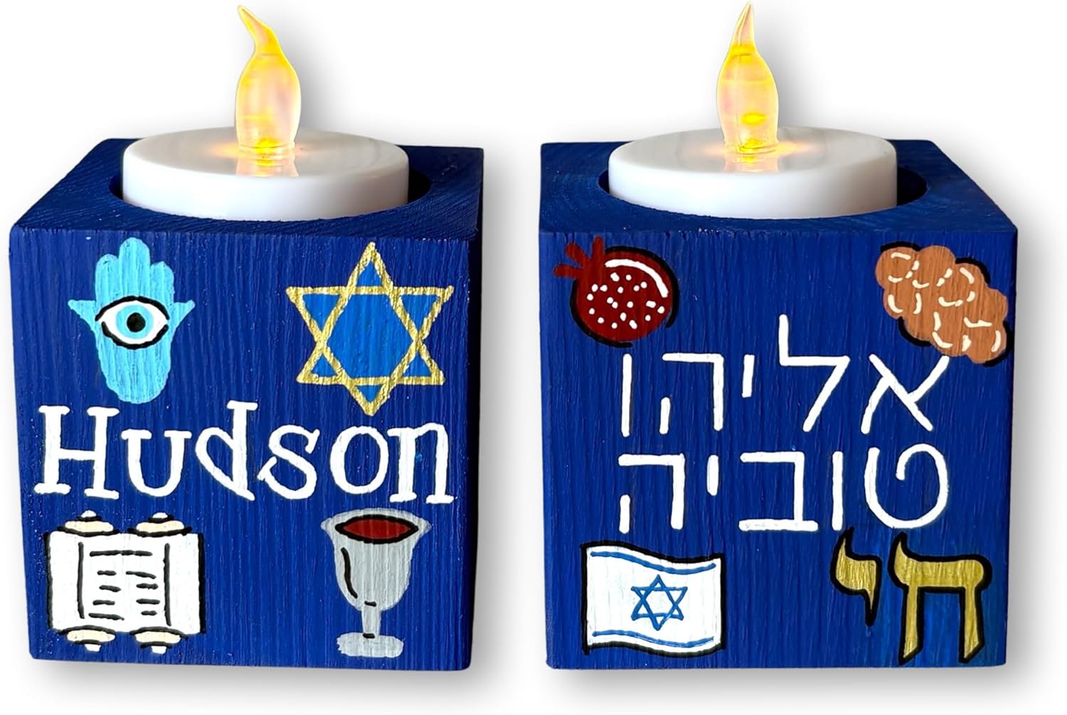 Children's Judaica, Jewish Symbols Design, Personalized Jewish Gift (Shabbat Candle Holders)