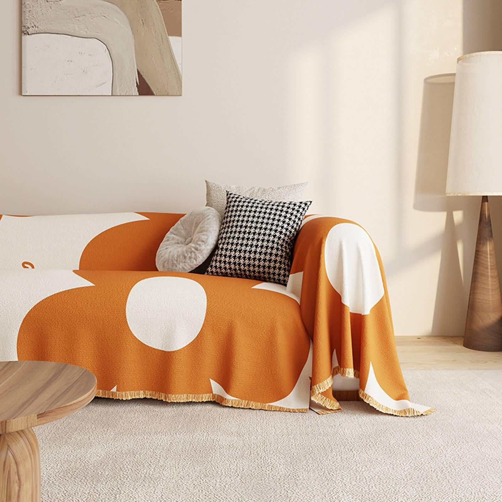 KnSam Housse de Canapé, Plaid Chenille, 180x260CM, Orange, Motif Floral à Franges, Couverture Décoration Protection, Anti Griffe de Chat Chien, Convient à 2 Places