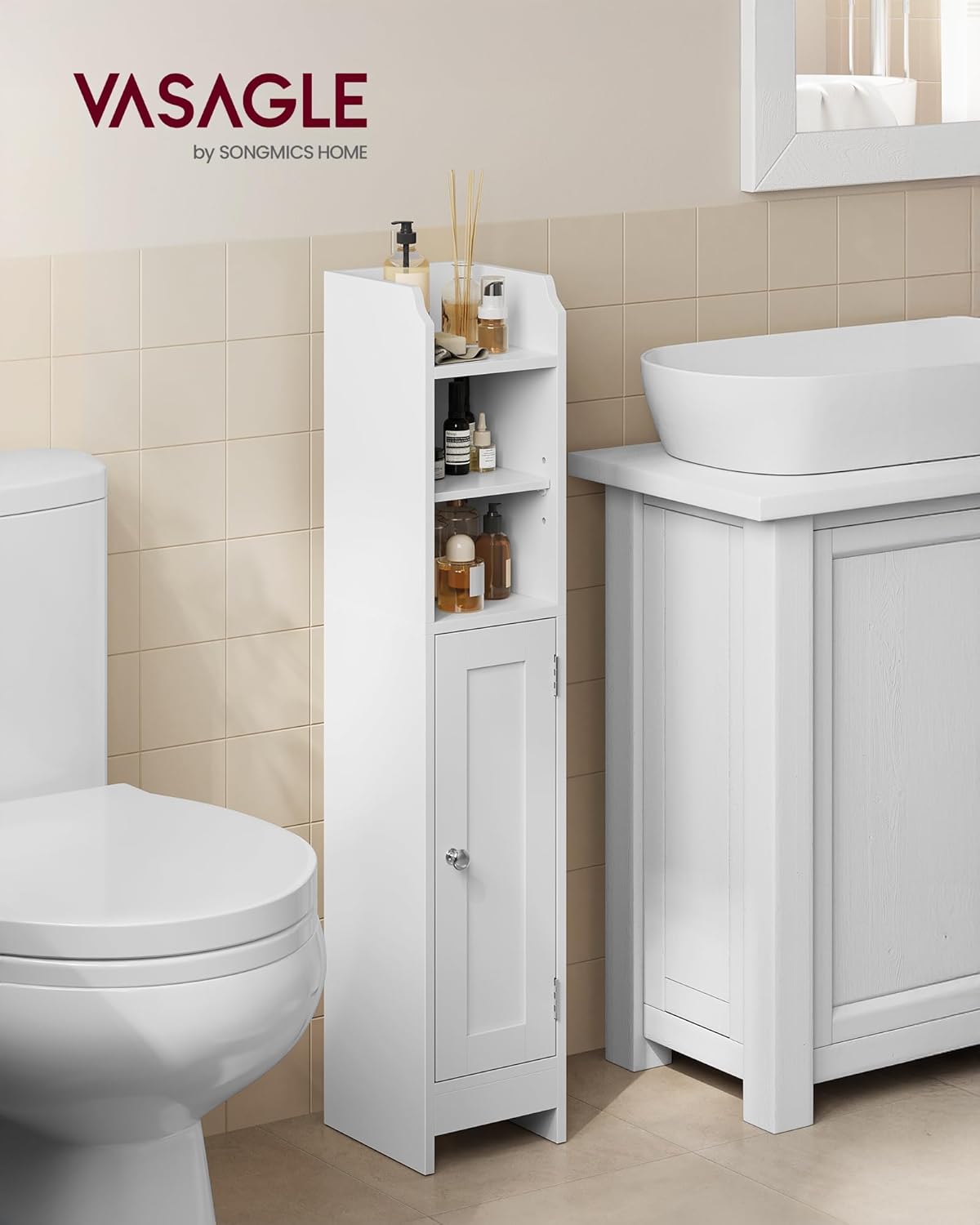 VASAGLE Small Storage Corner Floor Cabinet with Door, 7.9 x 7.1 x 36.2 Inches, Narrow Toilet Paper Storage Holder, Adjustable Shelves, for Bathroom, Living Room, Small Spaces, Cloud White UBBC311W01