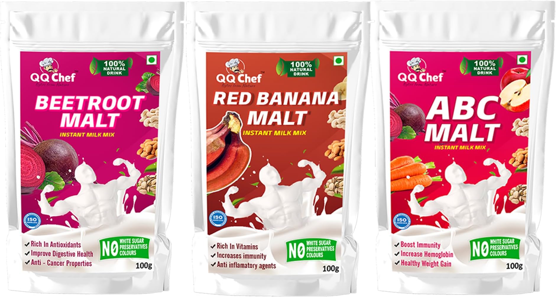 QQChef Beetroot, Red Banana & ABC Malt Natural Drink Combo for Kids, Adults, Elders - Homemade (100gm x 3 Pcs)
