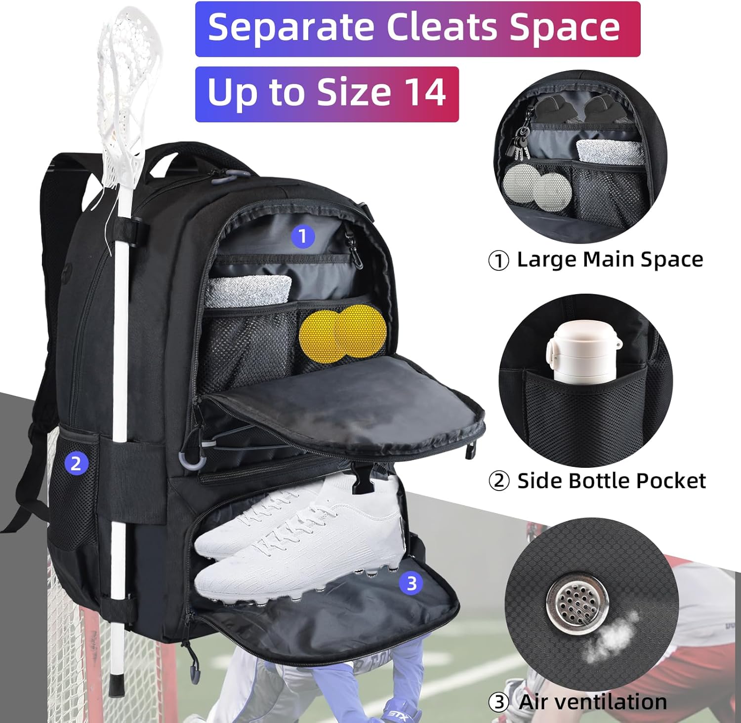 AUMTISC Lacrosse Bag Backpack Extra Large, with 2 Stick Holder, Separate Shoes Cleats Compartment, and Hidden Zipper Net Holds for Helmet, Holds All Lacrosse Equipment or Field Hockey Gear