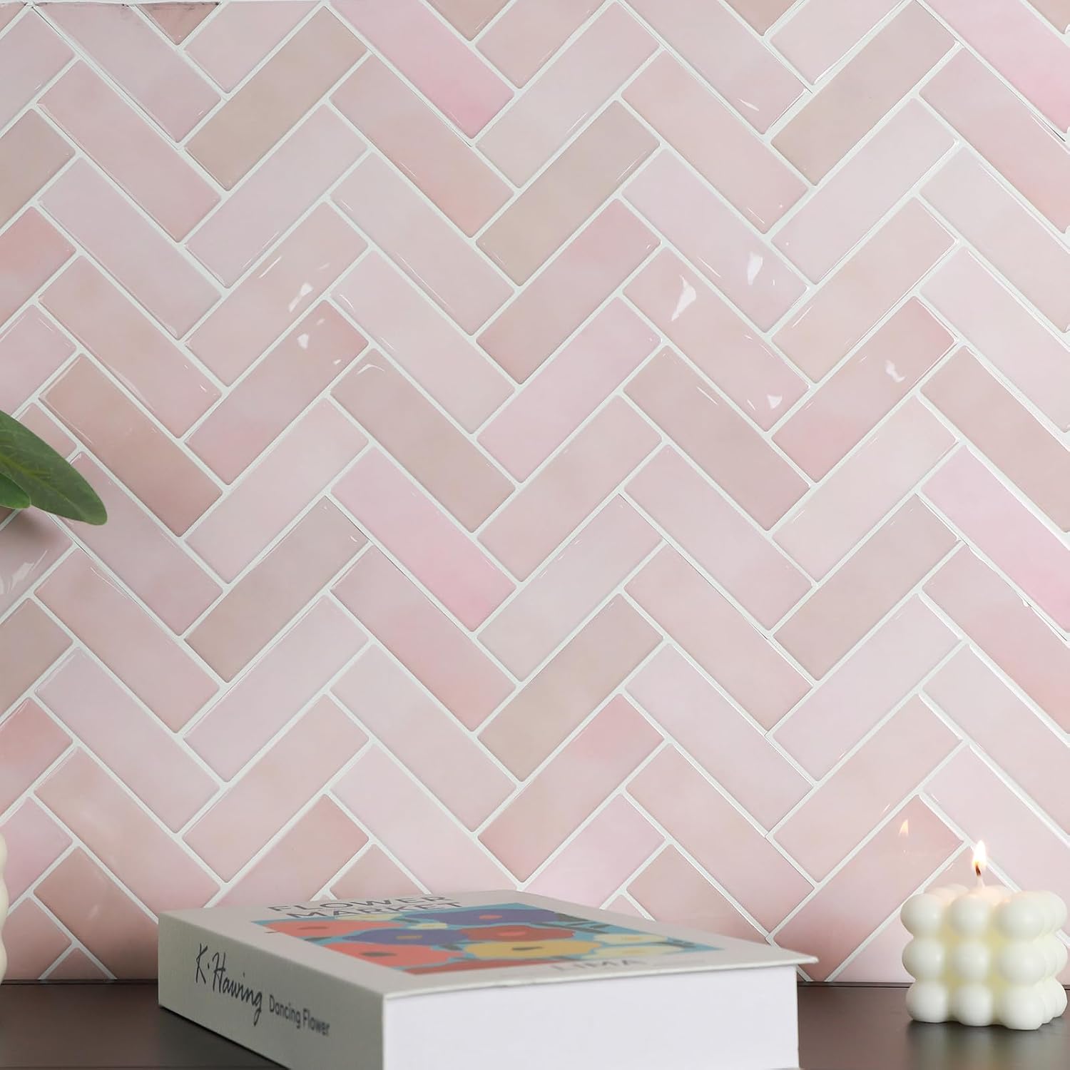 Dusty Pink Peel and Stick Backsplash,10 Sheets Herringbone Wall Tile