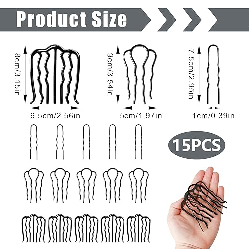 Miniatura 3 de Paquete de 15 peines laterales de cabello con giro francés, clip de horquilla de metal en forma de U para mujer, moño francés y moño, peine fijador