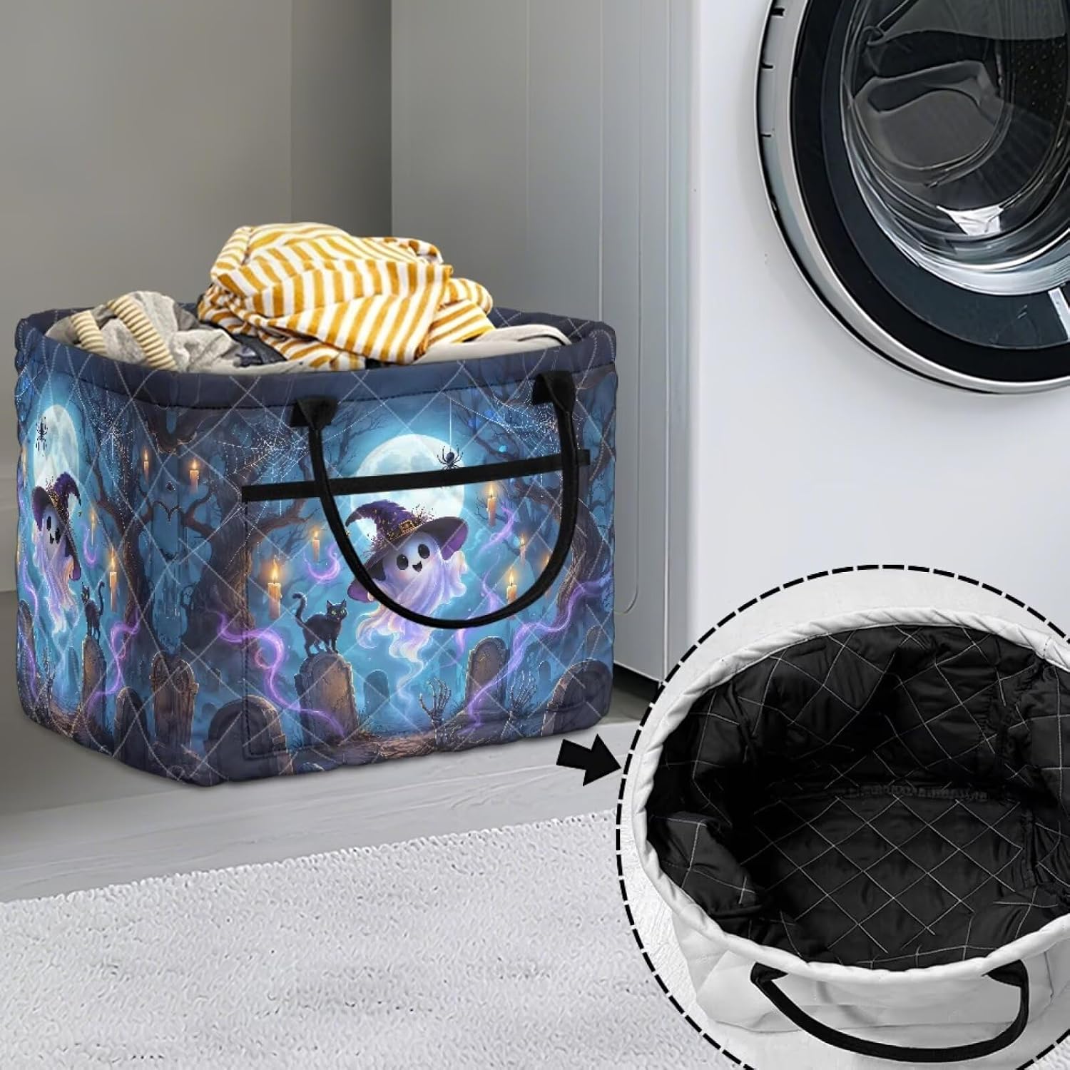 Halloween Quilted Laundry Basket Organizer Large Capacity Cute Ghost Handheld Storage Organizer with Handles Baskets for Storage Home Organization for Clothes Toys