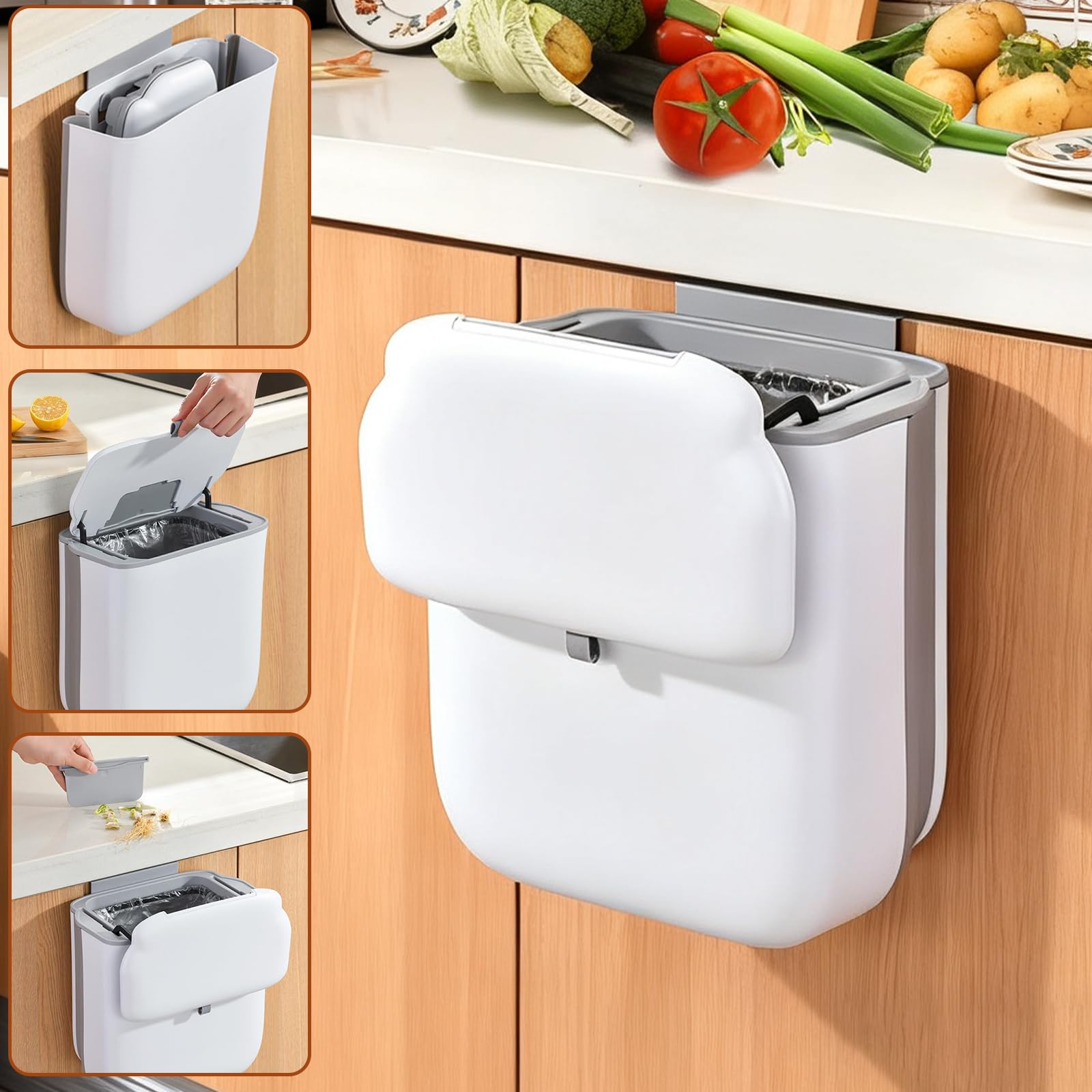 AVAKKER 10L Food Waste Bin with Lid, Hanging Kitchen Bin Over the Cabinet Door, Foldable Slim Kitchen Cupboard Bin for Kitchen RV Office, Space-Saving, Wall-mounted