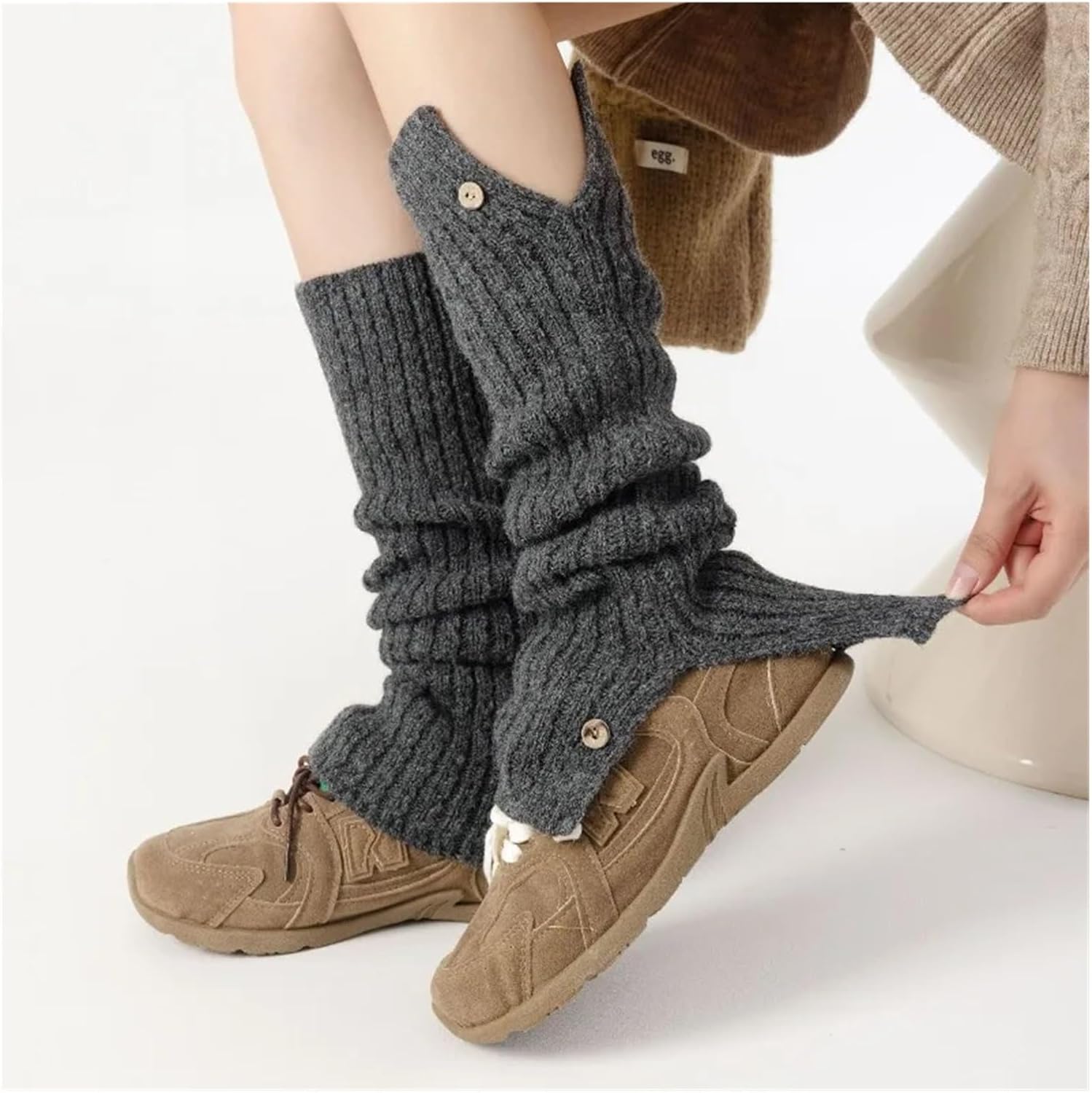 ​45cm Winter Leg Warmers Women With Buttons Thick Fleece Lined Boot Cuffs Knit Yoga Socks Solid Color Stacked Socks​