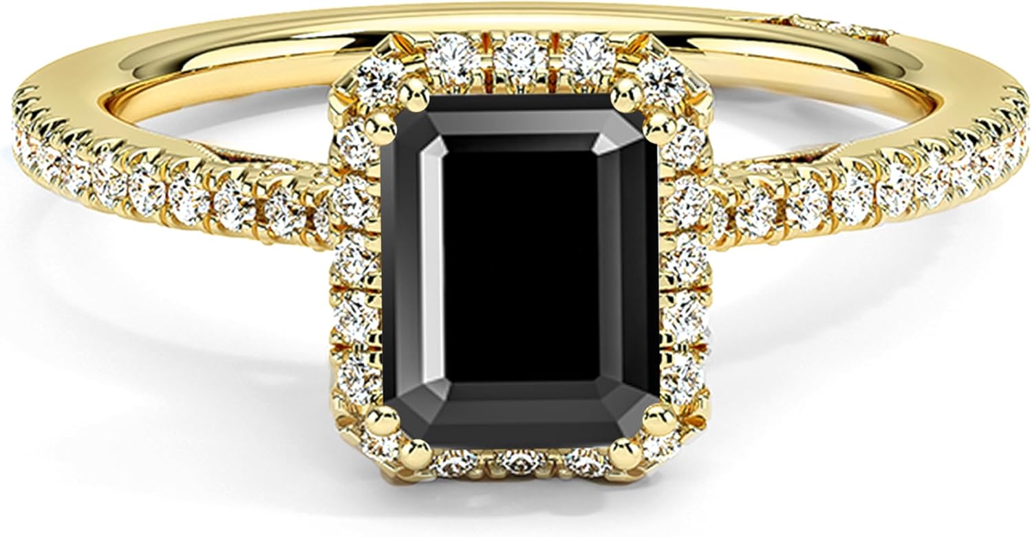 1.00 Carat Emerald Cut Black & White Diamond Halo Engagement Ring For Women, 14K White Gold Plated 925 Silver Black Diamond Bridal Halo Style Side Stone Ring