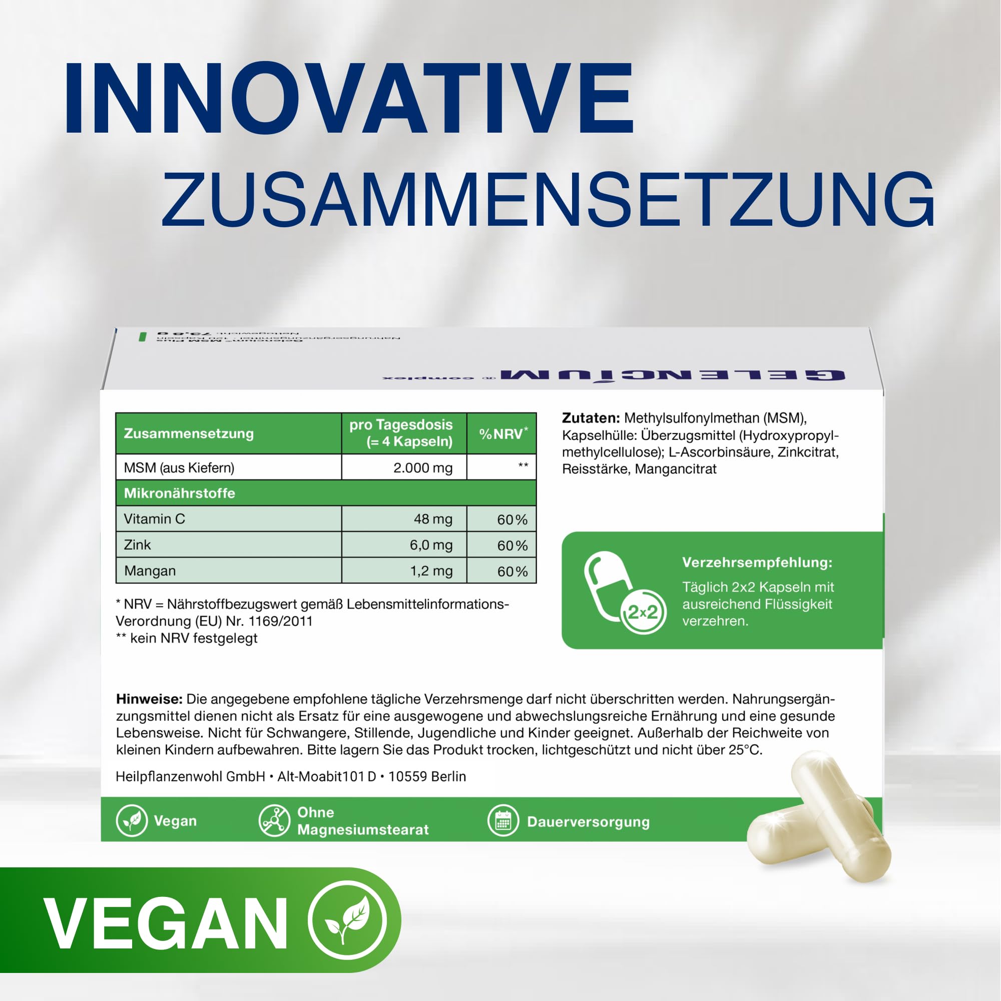 Gelencium MSM Plus hochdosiert – 2.000 mg MSM aus Kiefern – 120 Kapseln | Mit Vitamin C für die Kollagenbildung (Knorpel & Knochen) · 2.000 mg MSM aus Kiefern pro Tagesdosis · Plus Zink & Mangan