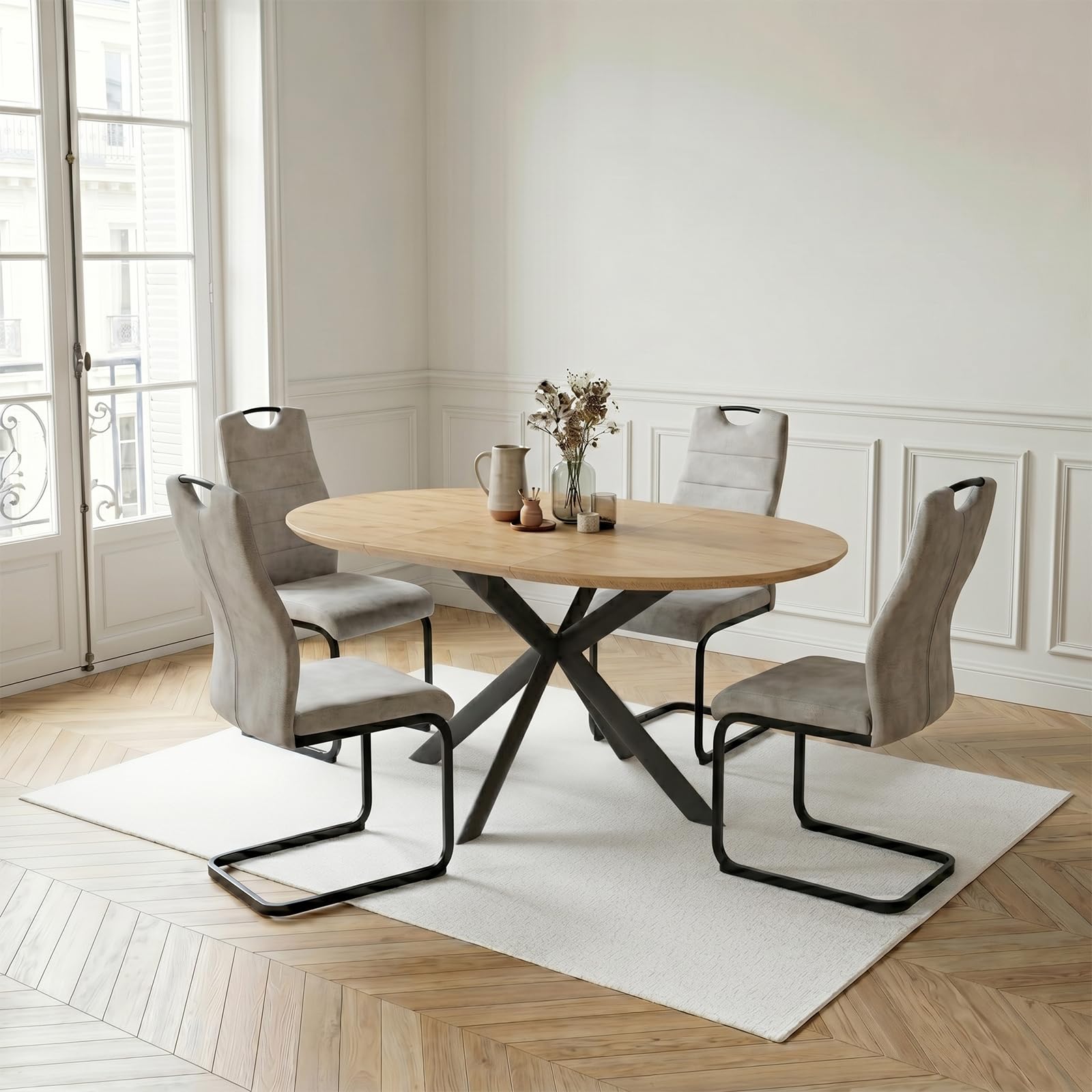 JIEXI Set tavolo da pranzo rotondo allungabile 110 x 150 cm, finitura rovere, piano rotondo in MDF, stile moderno e contemporaneo, per sala da pranzo e cucina