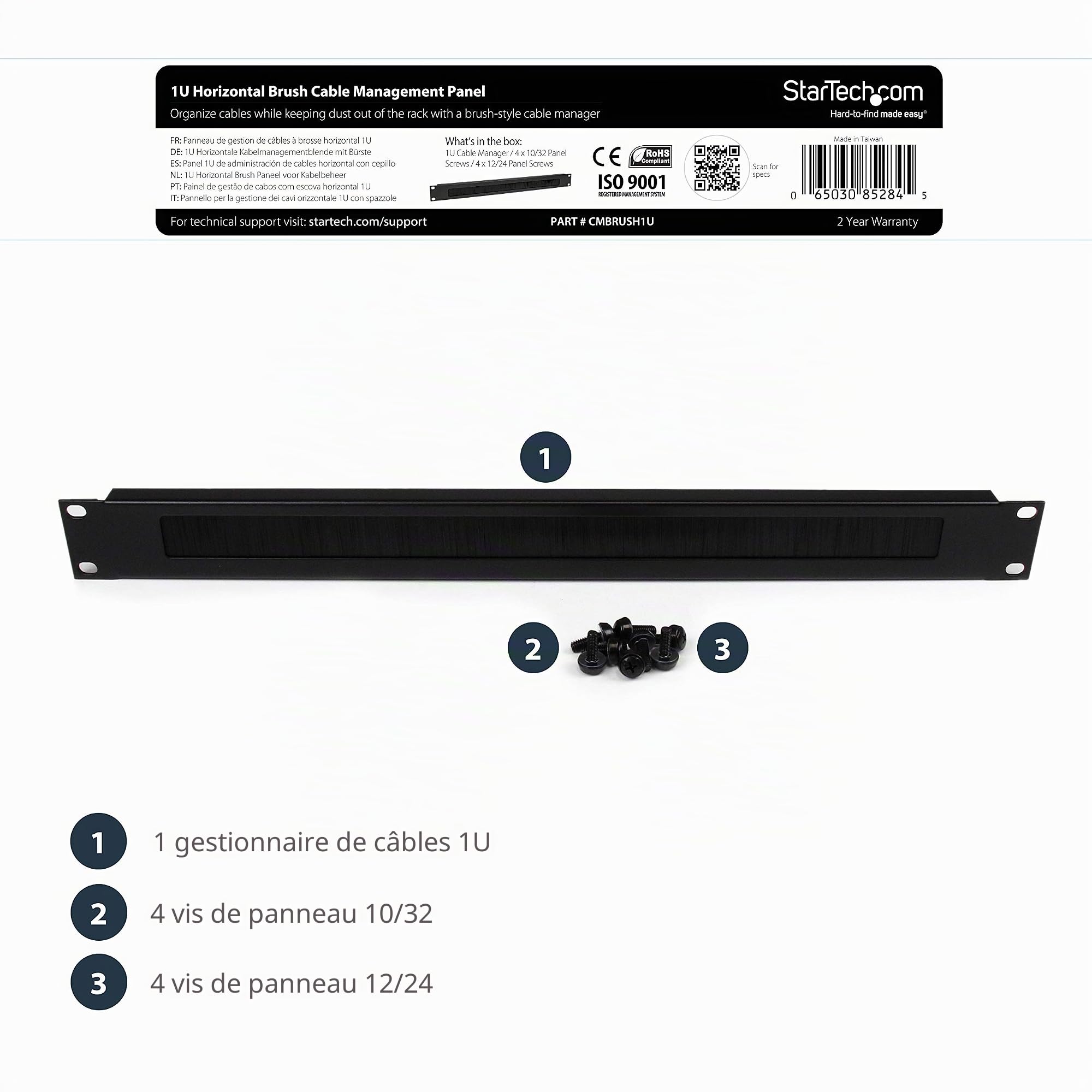 StarTech Panneau Câbles à Brosse 1U Horizontal, Rack 19", Acier (CMBRUSH1U)